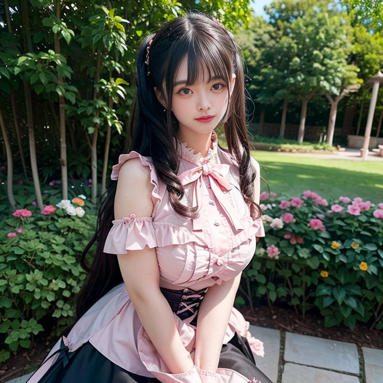 best quality, delicate face,blush, 1 girl, black hair, Long curly hair, blunt bangs, Smile, pink skirt, pink lolita dress, layered skirt, Lolita style long skirt,21 years old female,穿着pink lolita dress(dreamy atmosphere:1.1)、Masterpiece、born、Scenes resembling fairy tale illustrations、huge breasts,hands on hips,Wide cuffs cover hands,whole body,in the garden,The background is the garden,Detailed background,Garden of dreams,background many flowers