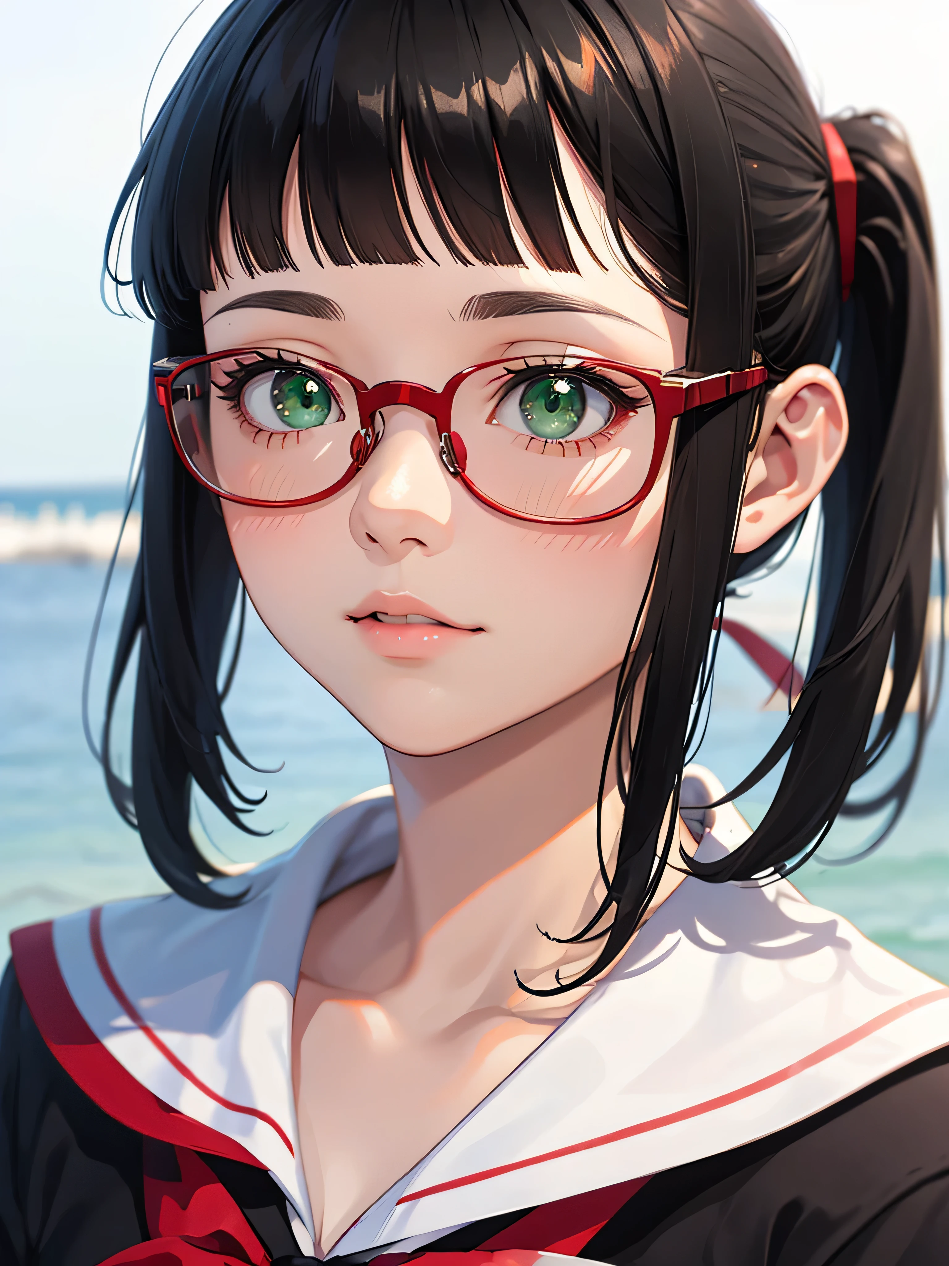 anime style, woman, green eyes, black hair, (peer bangs hairstyle): 1.8, (red glasses), , sailor suit, realistic facial details, realism, 3D face