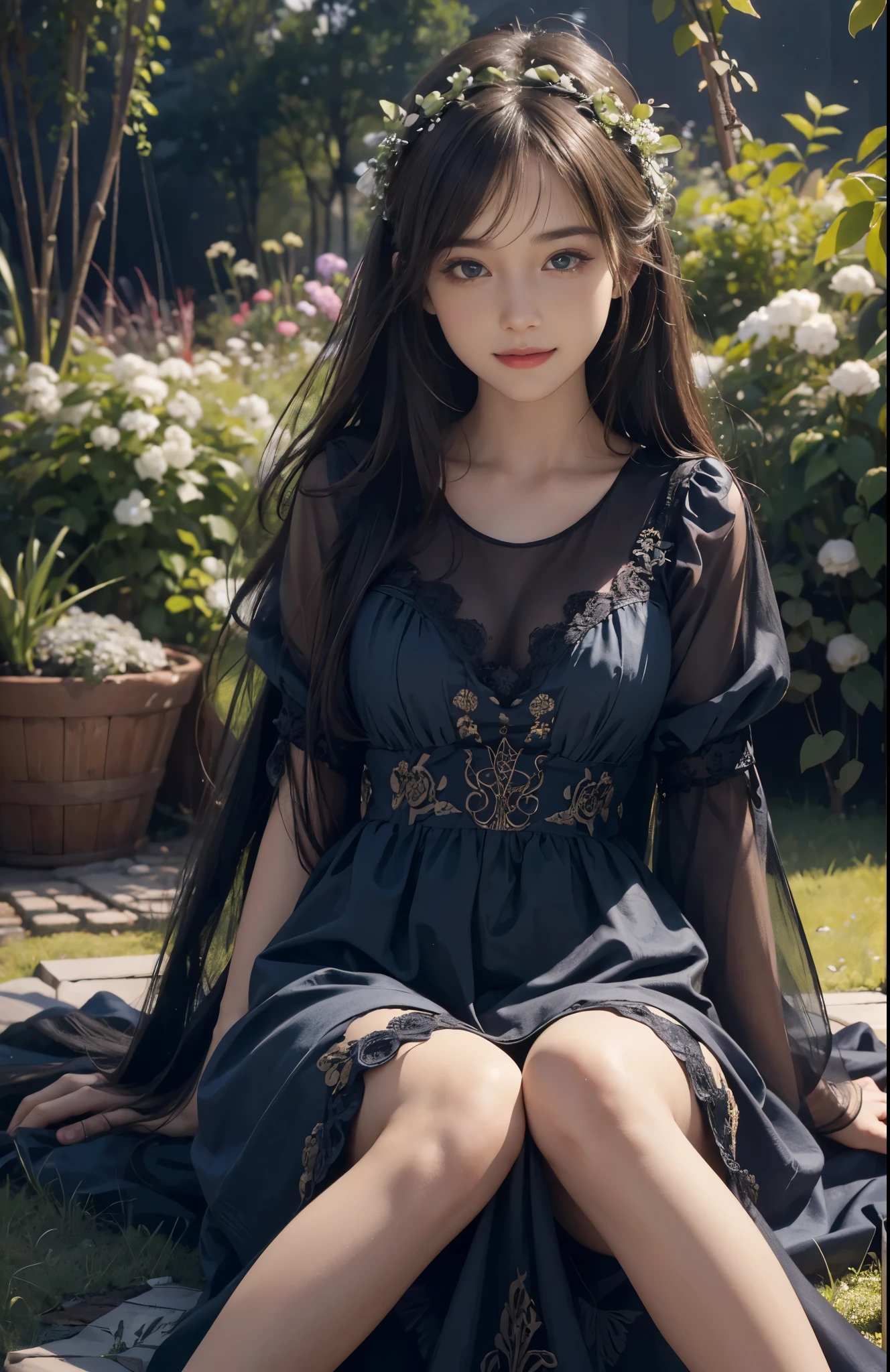 (ultra realistic) , (illustration), (increase resolution), (8K), (extremely detailed), (best illustration), (beautiful detailed eyes), (best quality), (ultra-detailed), (masterpiece),  (wallpaper), (detailed face), solo,1 girl, looking at viewers,  delicate details, detailed faces, in the dark, deep shadow, low key,pureerosfaceace_v1, happy smile, blue summer dress, full body, sitting on the ground, garden