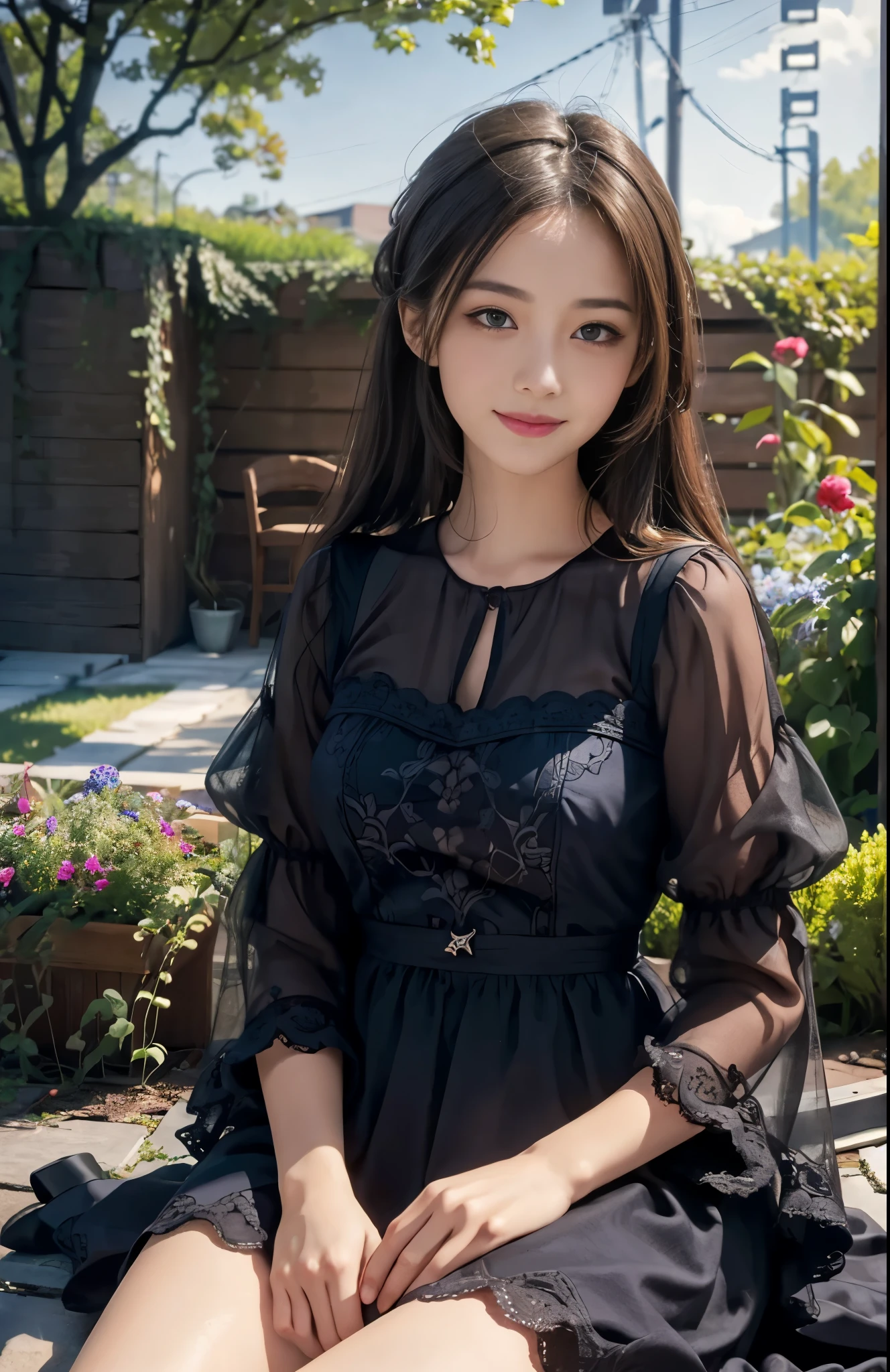 (ultra realistic) , (illustration), (increase resolution), (8K), (extremely detailed), (best illustration), (beautiful detailed eyes), (best quality), (ultra-detailed), (masterpiece), (wallpaper), (detailed face), solo,1 girl, looking at viewers, delicate details, detailed faces, in the dark, deep shadow, low key,pureerosfaceace_v1, happy smile, blue summer dress, full body, sitting on the ground, garden