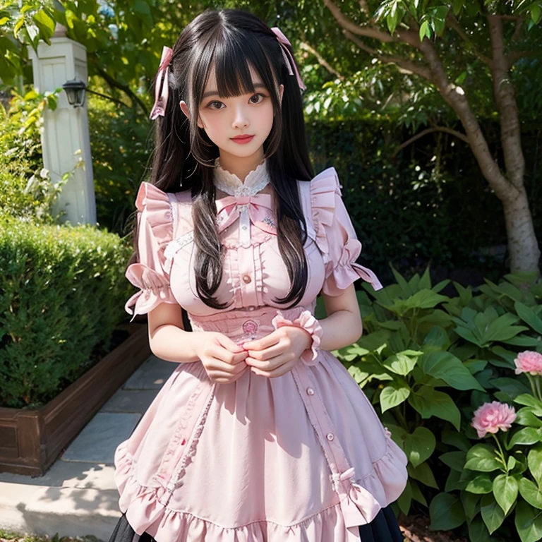 best quality, delicate face,blush, 1 girl, black hair, Long curly hair, blunt bangs, Smile, pink skirt, pink lolita dress, layered skirt, Lolita style long skirt,21 years old female,穿着pink lolita dress(dreamy atmosphere:1.1)、Masterpiece、born、Scenes resembling fairy tale illustrations、huge breasts,hands on hips,Wide cuffs cover hands,whole body,in the garden,The background is the garden,Detailed background,Garden of dreams,background many flowers