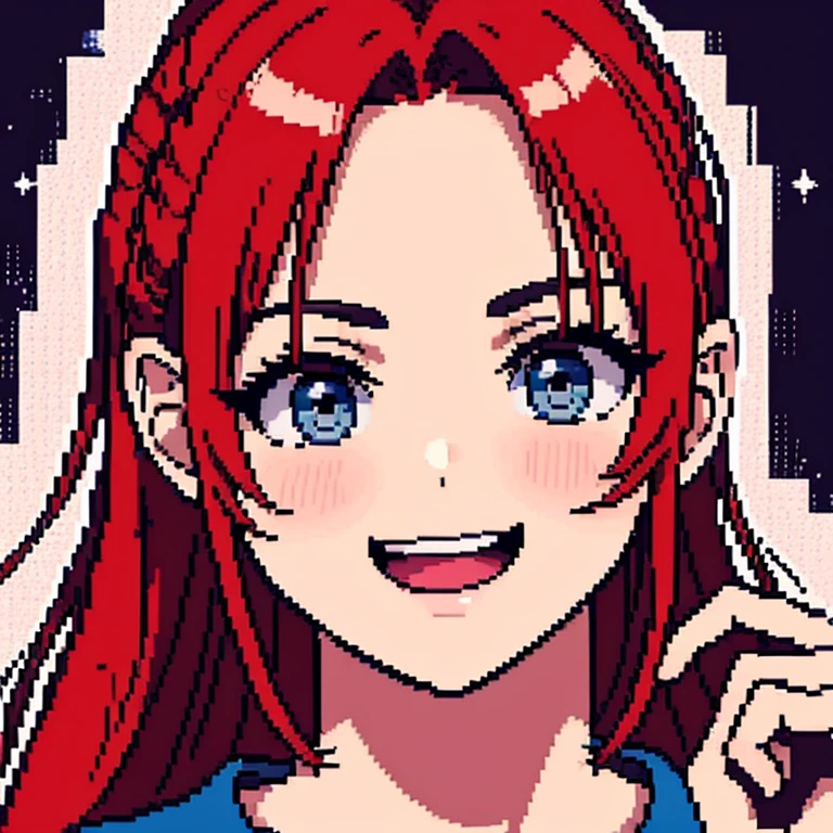 Retrato de  bonita 2d, arte de pixel, foco no rosto, Your hair is red, ruiva, she is smiling, feliz