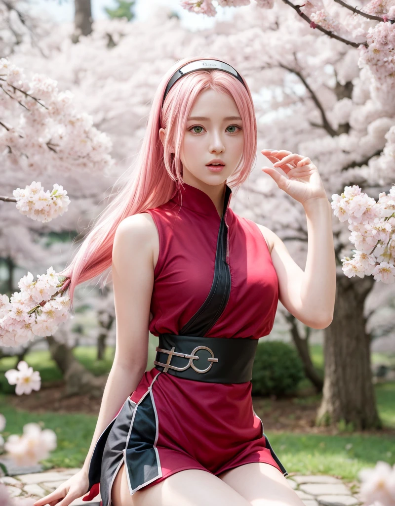haruno sakura, naruto \(series\), naruto shippuuden, anime art style, masterpiece, red shirt, shirt, long hair, sleeveless, sleeveless shirt, forehead protector, hairband, konohagakure symbol on hairband, 1girl, solo, bangs, breasts, cosplay, real person, real life, closed mouth, elbow sleeve, eyes visible through hair, floating hair, foreshortening, green eyes, detile eyes, hair intakes, parted bangs, pink hair, small breasts, v-shaped eyebrows, detailed background, outdoor, cherry blossoms, sky, (ultra detailed), (8k, intricate), (85mm), light particles, lighting, full body, (highly detailed:1.2), breast focus, (gradients), sfw, colorful, (detailed background), (rule of third_composition:1.3), (Line of action:1.2), daylight, solo