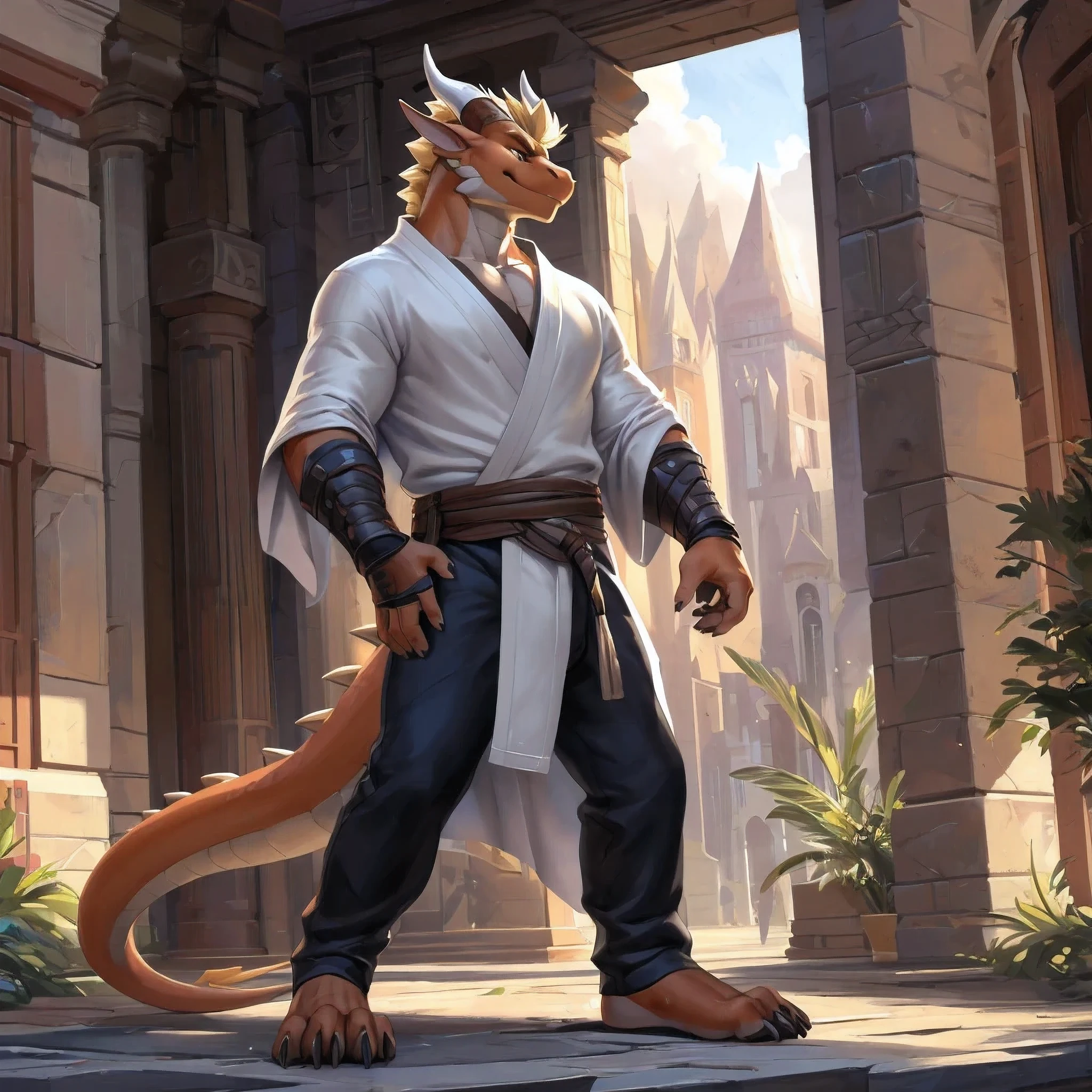 (masterpiece, best quality, high quality, highres:1.4), detailed, extremely detailed, ambient soft lighting, 4K, by (by Pino Daeni, (by ruaidri), yupa, kiyosan,(by meesh), (by fffffolder)), delga: (slim, athletic, dragon, orange body, smooth skin, athletic muscle, anthro legs, (dragon feet), (toe claw), gold eyes, blonde spikes, (detailed eyes), demon horn, dragon tail, tall, good hands, perfect face, (clothing, smiling, solo, (topwear: white jedi robe), handwear:(no gloves), bottomwear:(pants:black pants, [[leg armor]]))), handsome, closed_mouth, ((serious_look, serious)) tag:1boy), standing, portrait, front facing