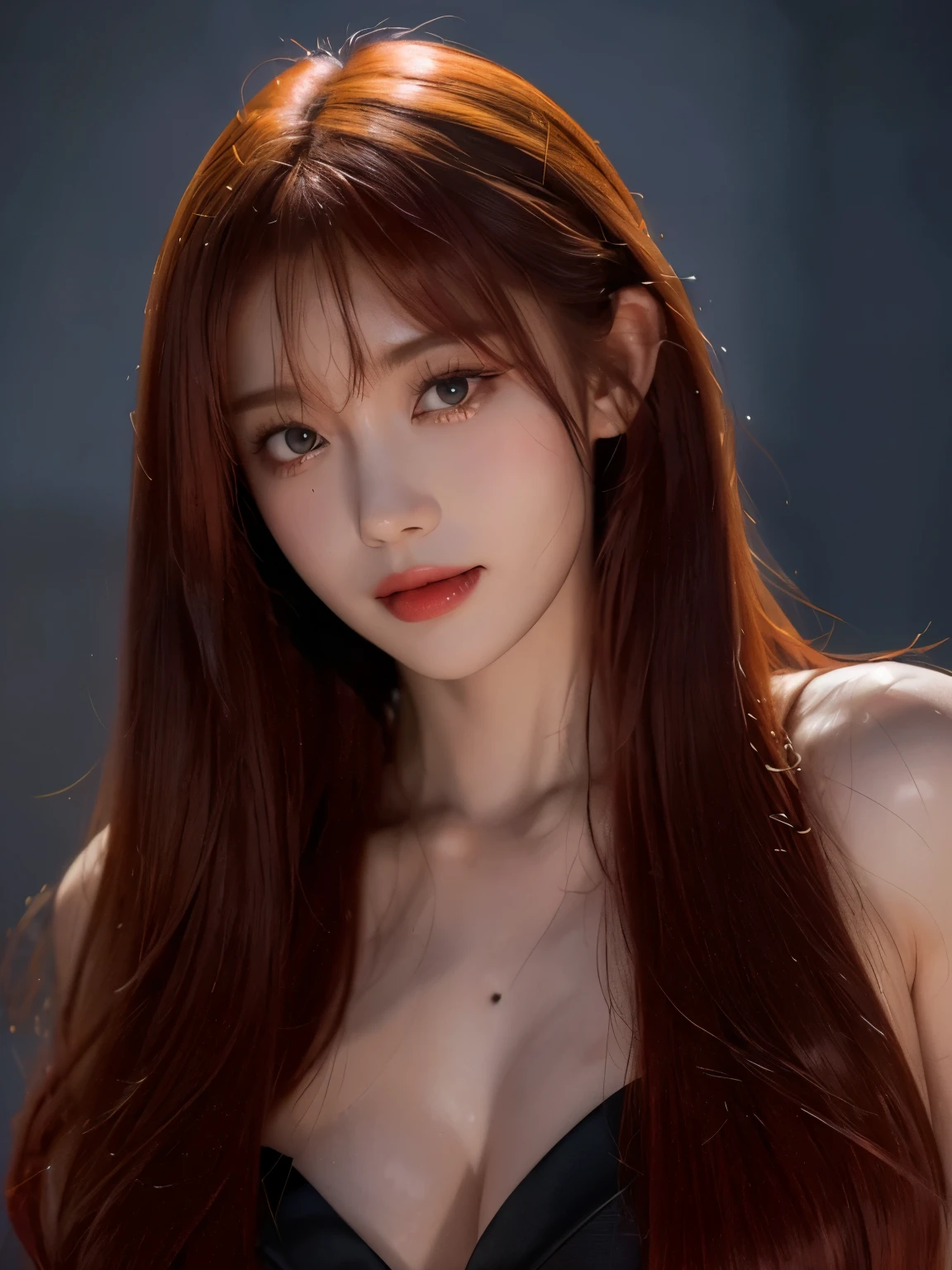 red hair, blunt bangs, bangs, long hair, hair spread out, straight hair, shiny hair, glowing eyes, longeyelashes, amber eyes, makeup, evil smile, blush, fangs, Surrealism, chiaroscuro, cinematic lighting, silhouette, drop shadow, UHD, masterpiece, anatomically correct, super detail, highres, best quality