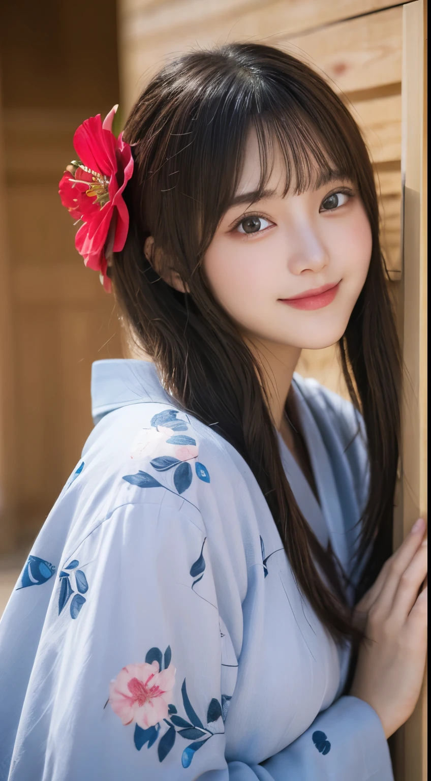 whole body, highest quality, figure, Super detailed, finely, High resolution, 8k wallpaper, 完璧なダイナミックな構figure, detailed and beautiful eyes, floral kimono,medium hair, flower hair ornament,natural color lip, random sexy poses,smile,shrine
