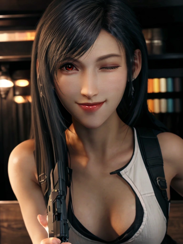 (best quality, masterpiece, HDR, UHD, 8K, vibrant colors, extreme detail description, professional:1.1), (pale skin, flawless complexion, red irises, thin lips, slim mouth, long hair: 1.1), 1 girl, looking at the viewer, (captivating smile:1.4), Tifa, tilting her head, (one eye:1.2) closed, (holding a pistol, aiming at the viewer:1.1)