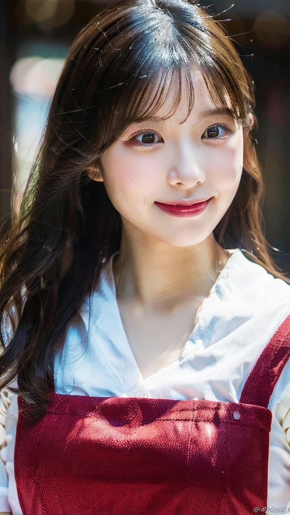 (Raw photo, highest quality)(8K, highest quality, masterpiece: 1.2), Super detailed, super resolution, portrait, High resolution raw color photos, professional photos, Beautiful in high resolution, very delicate and beautiful, 8K image wallpaper, amazing details, huge file size, high detailed beautiful girl, red apron, Super detailed face, very fine eyes, Very fine skin, very small nose, highly detailed mouth, perfect anatomy, beautiful eyes, smile