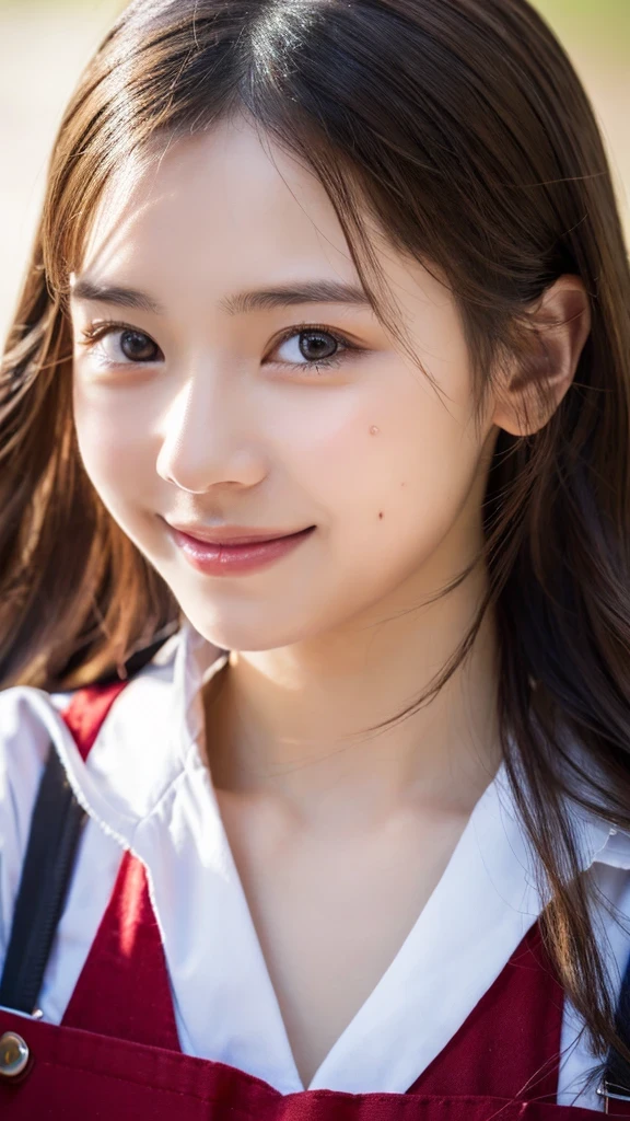 (Raw photo, highest quality)(8K, highest quality, masterpiece: 1.2), Super detailed, super resolution, (realistic, realistic photo: 1.37), portrait, High resolution raw color photos, professional photos, Beautiful in high resolution, very delicate and beautiful, 8K image wallpaper, amazing details, huge file size, high detailed beautiful girl, red apron, Super detailed face, very fine eyes, Very fine skin, very small nose, highly detailed mouth, perfect anatomy, beautiful eyes, smile