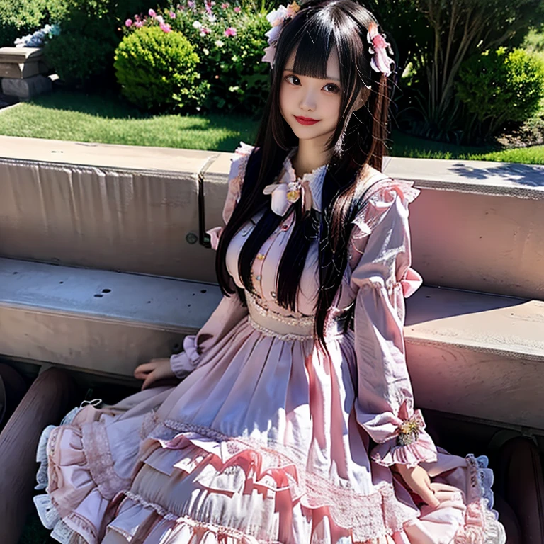 best quality, delicate face,blush, 1 girl, black hair, Long curly hair, blunt bangs, Smile, pink skirt, pink lolita dress, layered skirt, Lolita style long skirt,21 years old female,穿着pink lolita dress(dreamy atmosphere:1.1)、Masterpiece、born、Scenes resembling fairy tale illustrations、huge breasts,hands on hips,Wide cuffs cover hands,whole body,in the garden,The background is the garden,Detailed background,Garden of dreams,background many flowers