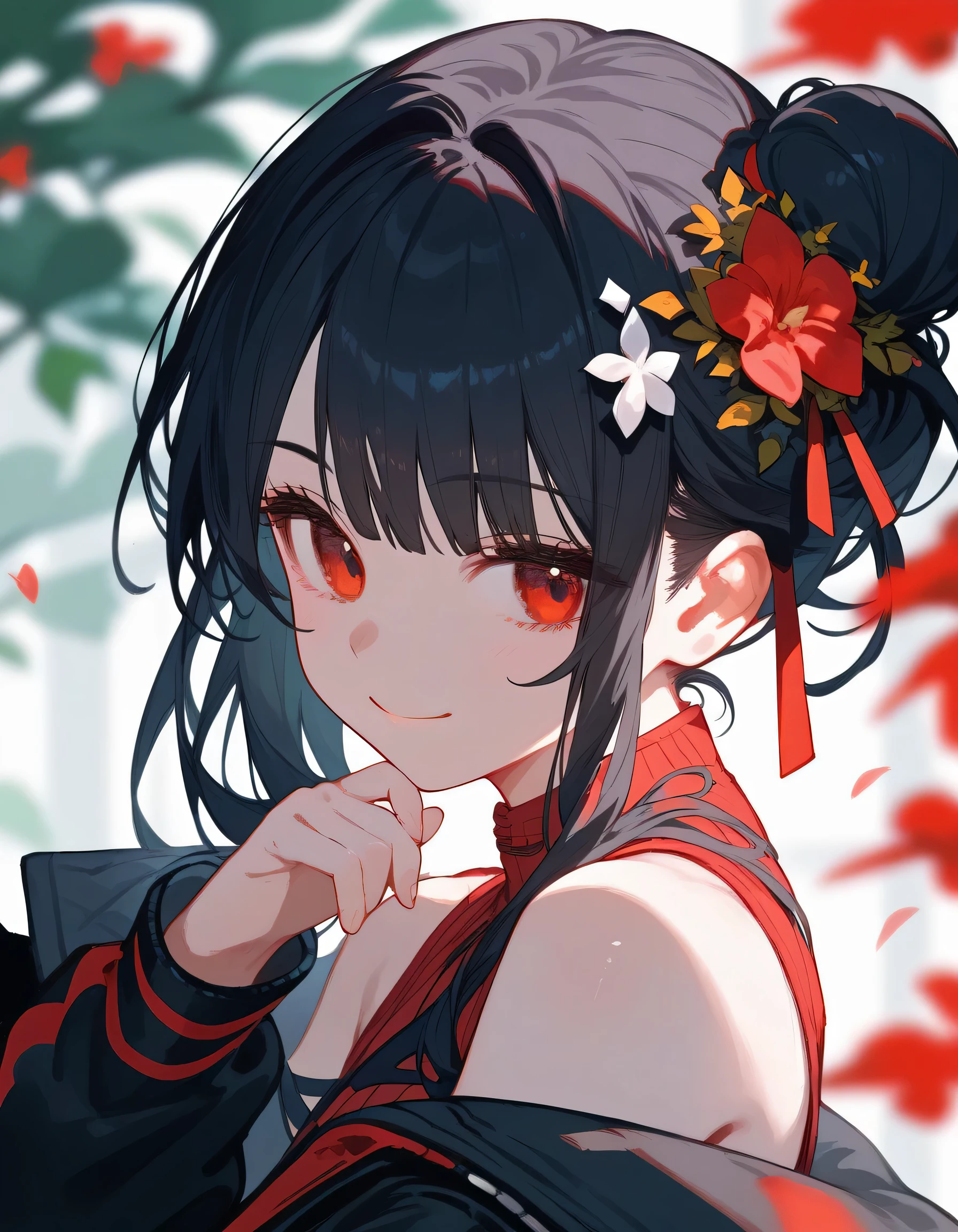 (score_9,score_8_up,score_7_up),1girl,solo,red eyes,black hair,long hair,looking at viewer,smile,upper body,hair bun,bare shoulders,hair ornament,bangs,off shoulder,closed mouth,jacket,sleeveless,hand up,blurry,sidelocks,black jacket,long sleeves,