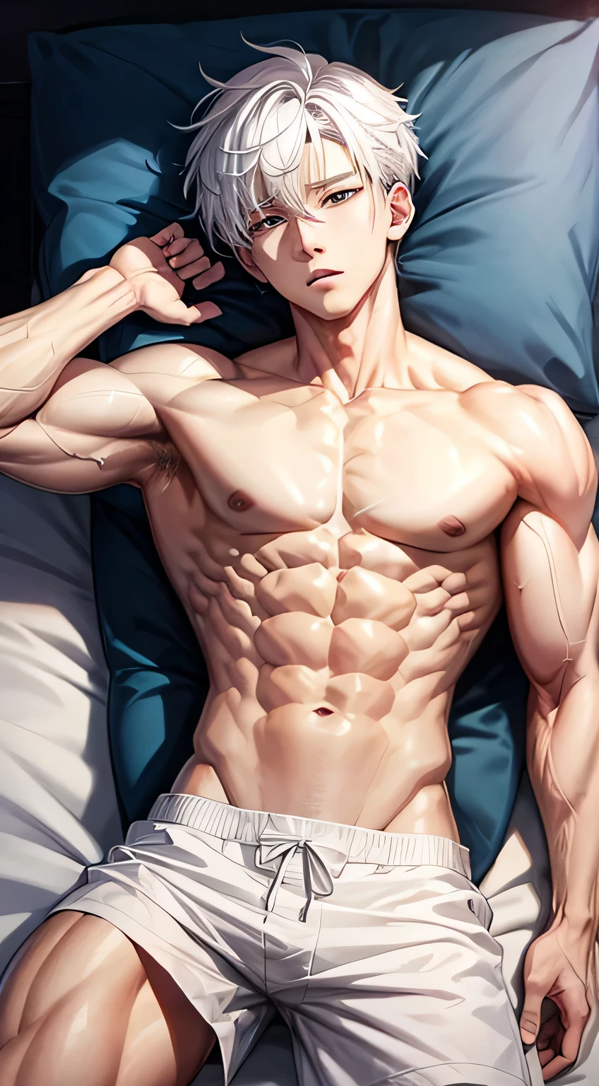 Shirtless anime guy muscular with white hair
Bts style
6 pack abs
Lying on the bed