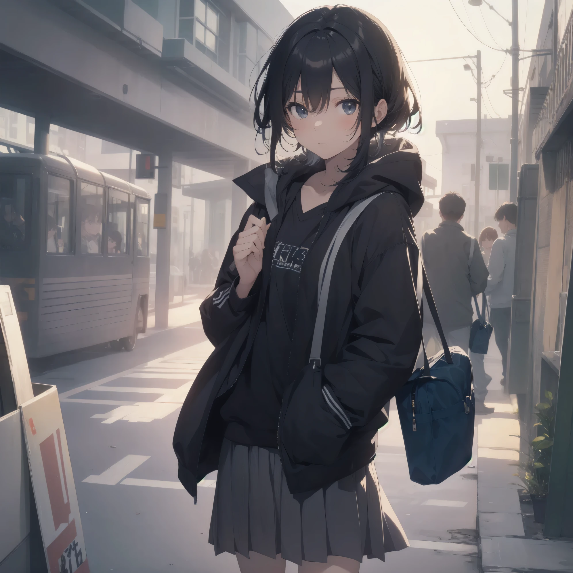 ultra-absurdres-Top quality by artist God, ultra-detailed, high resolution, anime moe artstyle, best anime 8k konachan wallpaper, pixiv contest winner, perfect anatomy,break, 1girl, (Please draw a girl walking sleepily to school alone. )break,(Solo,little female, 13-year-old:1.3),Full limbs, complete fingers,a junior high school student, Attractiveness of immature bodies, (very short hair), short cut, flat chest, , small butt, small black eyes, beautiful detailed eyes, well-proportioned iris and pupils, expressive eyes, highres detailed hair, soft expression, school_uniform, white shirt, pleated skirt,(Detailed Lighting), (Detailed background), in the School commute route. break,super detailed skin, Best cinematic lighting powered by famous artist, 8k,beauty illustration,photoshop_(medium),very aesthetic,break,((artist:fujiyama )), artist:akinashi yuu ,artist:oyari ashito ,artist:kantoku ,