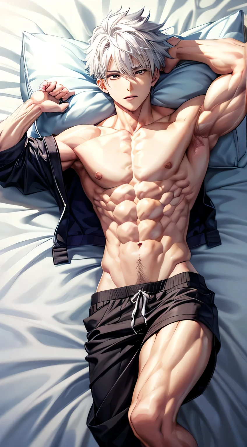 Shirtless anime guy muscular with white hair
Bts style
6 pack abs
Lying on the bed