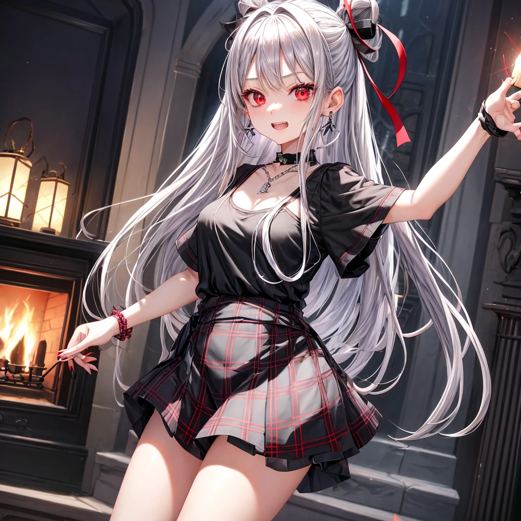 silver hair、red eyes、one good looking girl、solo、anime、plaid mini skirt、black camisole、black t-shirt、dress、wearing a ribbon、ribbon at waist、crystal earrings、jewelry necklace、Light and shadow、tilting one's face、teeth are visible、pillar、skylight、fireplace、evil looking face