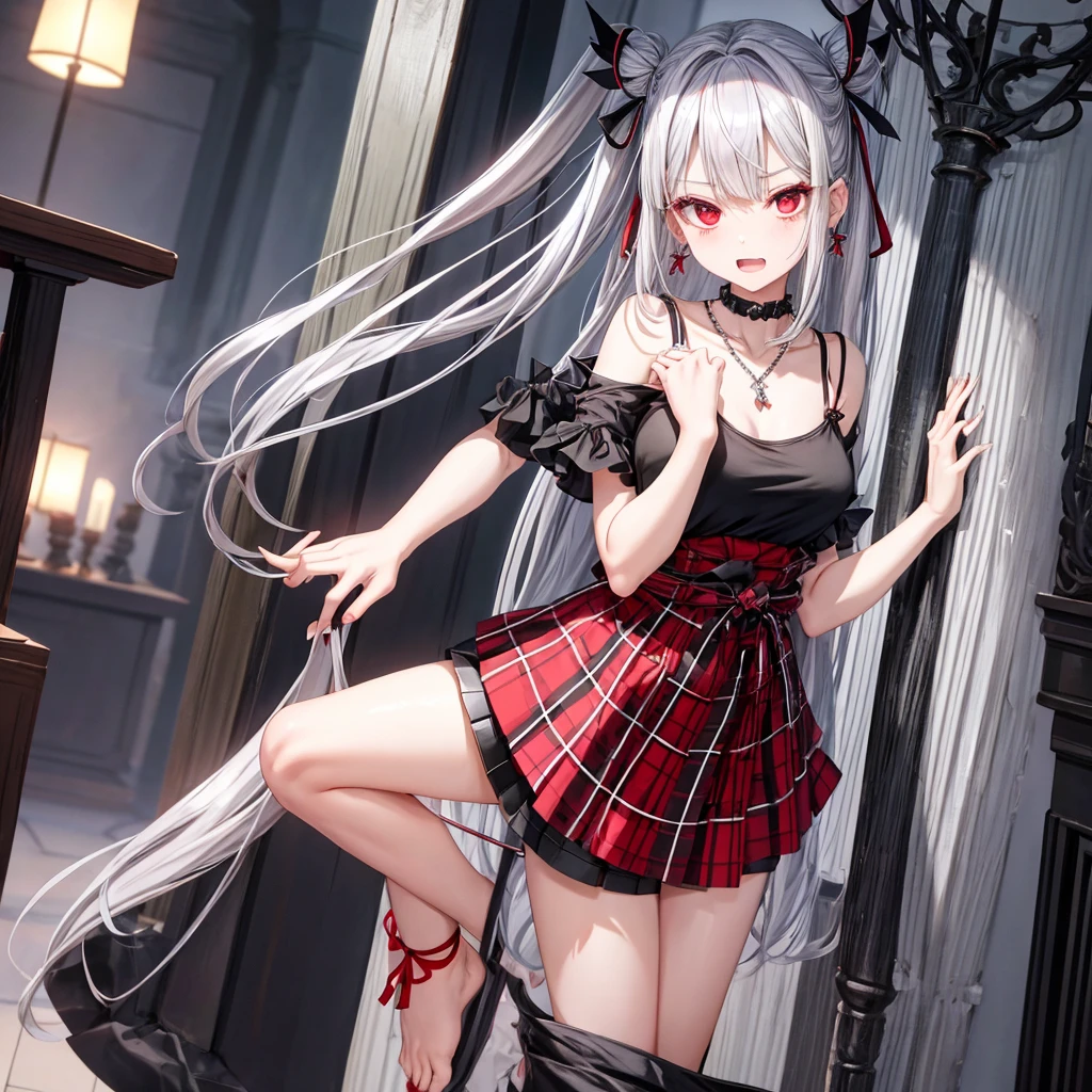 silver hair、red eyes、one good looking girl、solo、anime、plaid mini skirt、black camisole、black t-shirt、dress、wearing a ribbon、ribbon at waist、crystal earrings、jewelry necklace、Light and shadow、tilting one's face、teeth are visible、pillar、skylight、fireplace、evil looking face