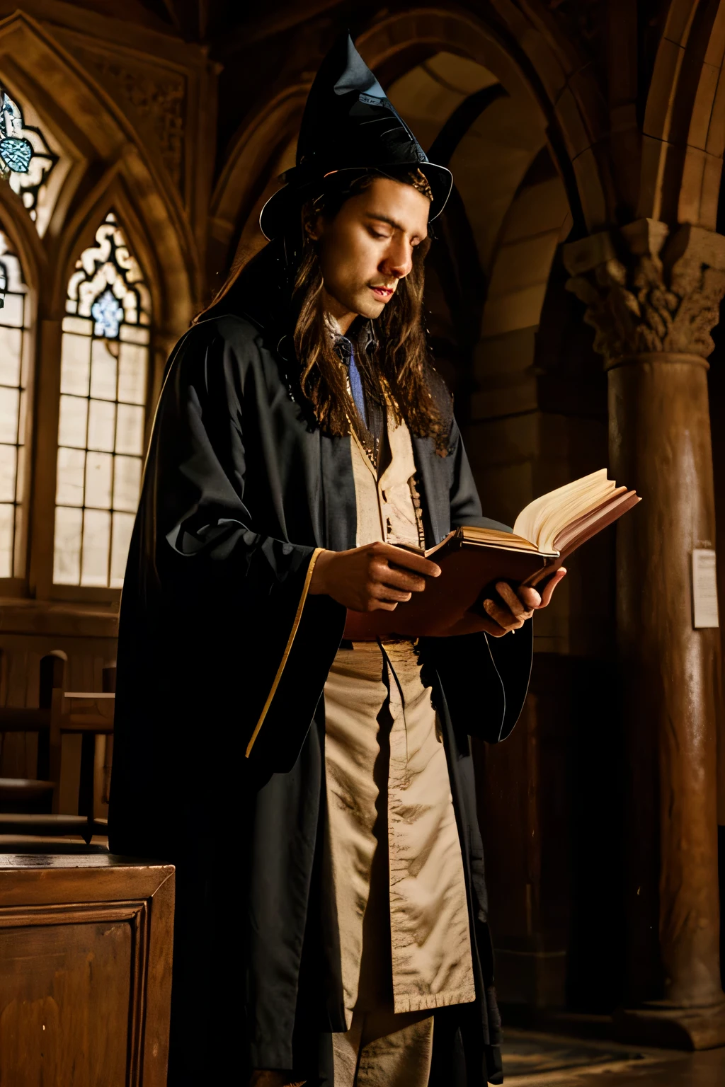 A witch stands at an ornate shrine, Reading a mysterious book, He wears wizard robes