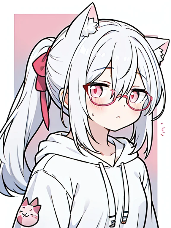 best quality, masterpiece, 1 girl, loli, upper body, hairs between eyes, female, pink eyes, long hair, small breasts, glasses, high ponytail, expressionless, wink , cat ears, white hair, silver hair, streaked hair,hoodie, ??????,