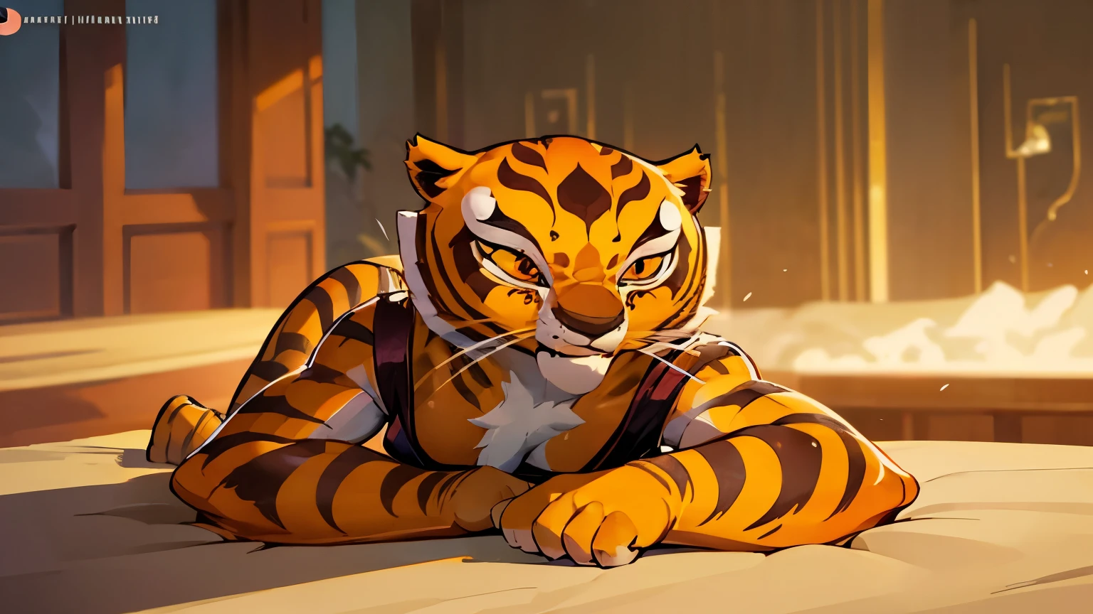 master tigress, furry female anthro, tiger girl, portrait, tranquil, solo, detailed fluffy fur,  underwear, average  breasts, detailed fluffy fur, ero, good lighting, cartoon graphics, erotic, soft fur, pussy, quality face, erotic, whole body completely , chest, full length, muscles, quality parts 