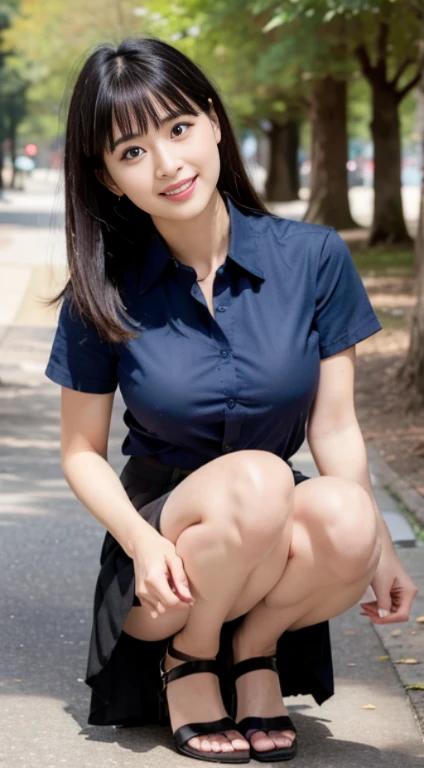((highest quality,8K,masterpiece:1.3)),woman posing for a photo, Japanese, 24 year old female model, 4k、small breasts、bangs、black haired、middle hair、straight hair、(blue shirt,flare skirt:1.2), (super cute face:1.2)、slim and beautiful body、small breasts、laughter、The background is an empty park、beautiful feet、black high heels