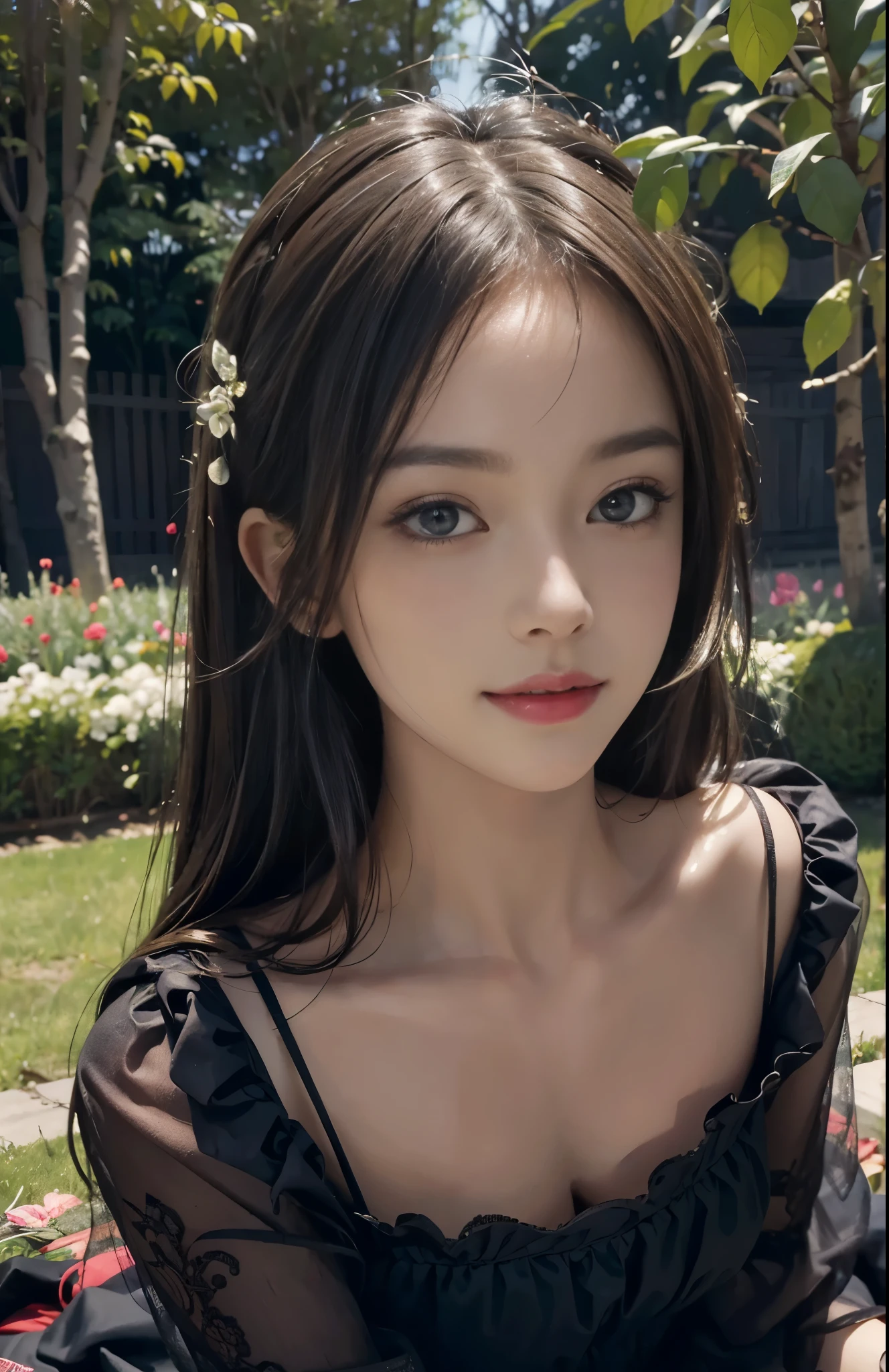 (ultra realistic) , (illustration), (increase resolution), (8K), (extremely detailed), (best illustration), (beautiful detailed eyes), (best quality), (ultra-detailed), (masterpiece), (wallpaper), (detailed face), solo,1 girl, looking at viewers, delicate details, detailed faces, in the dark, deep shadow, low key,pureerosfaceace_v1, happy smile, dark summer dress, full body, sitting on the ground, garden