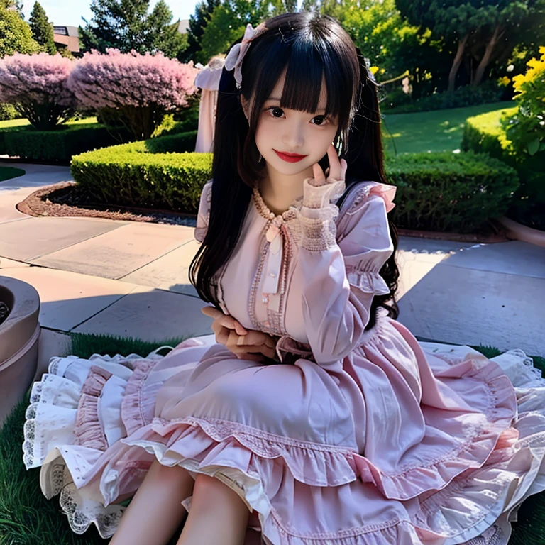 best quality, delicate face,blush, 1 girl, black hair, Long curly hair, blunt bangs, Smile, pink skirt, pink lolita dress, layered skirt, Lolita style long skirt,21 years old female,穿着pink lolita dress(dreamy atmosphere:1.1)、Masterpiece、born、Scenes resembling fairy tale illustrations、huge breasts,hands on hips,Wide cuffs cover hands,whole body,in the garden,The background is the garden,Detailed background,Garden of dreams,background many flowers