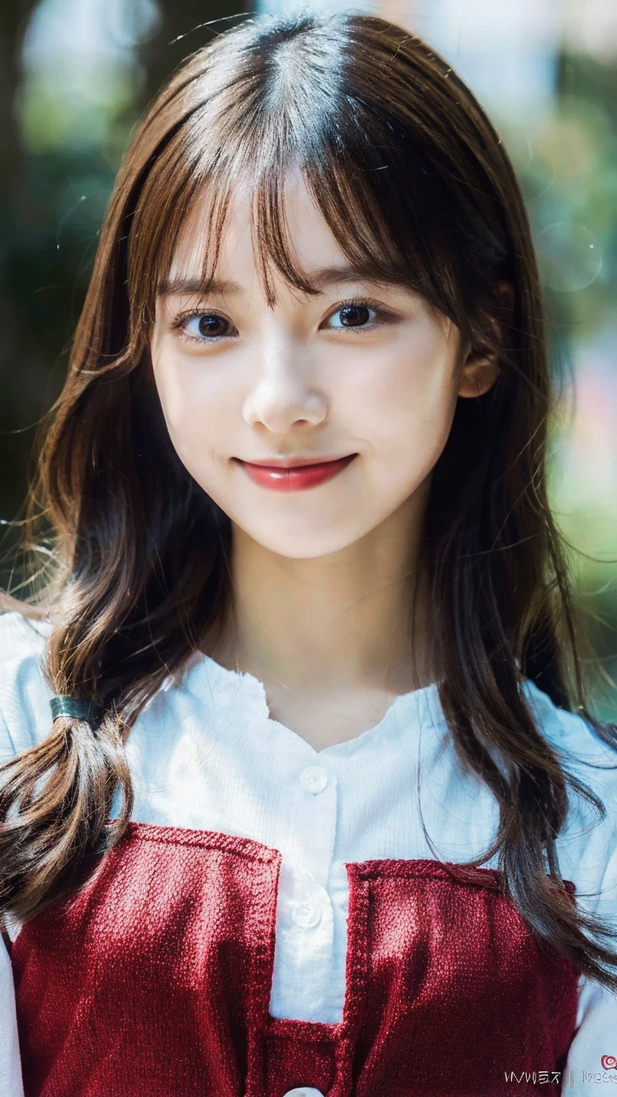 (Raw photo, highest quality)(8K, highest quality, masterpiece: 1.2), Super detailed, super resolution, (realistic, realistic photo: 1.37), portrait, High resolution raw color photos, professional photos, Beautiful in high resolution, very delicate and beautiful, 8K image wallpaper, amazing details, huge file size, high detailed beautiful girl, red apron, Super detailed face, very fine eyes, Very fine skin, very small nose, highly detailed mouth, perfect anatomy, beautiful eyes, smile
