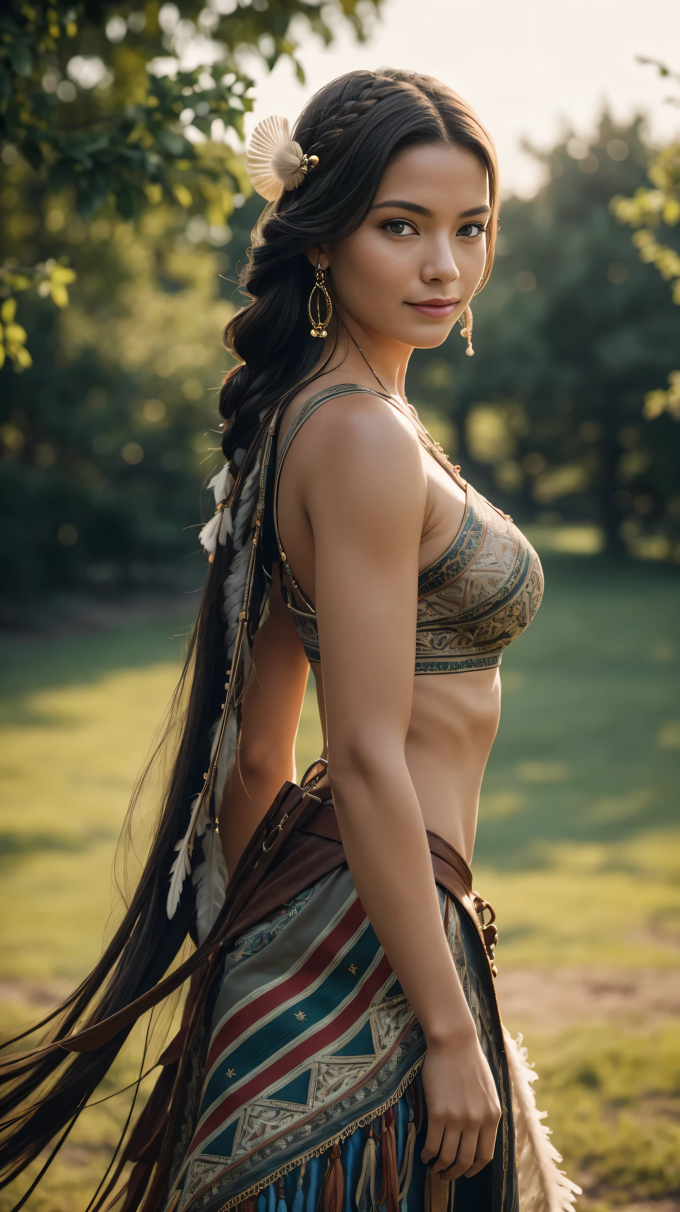 ((masterpiece)), ((best quality)), ((highres)), extremely detailed)), a beautiful 40-year-old Native American woman (Grace Kelly:Milla Jovovich:0.5), Pocahontas, full body shot, medium breasts, (super realistic), (peerless beauty), detailed skin texture, detailed cloth texture, beautiful detailed face, intricate details, ultra detailed, indigenous feather jewelry, feather headdress, traditional handmade green bra and dress, armed female hunter warrior, (((wild west))) environment, smile, in the village, ((surrounded by people)), ((dance pose)) back to the camera, ultra realistic, concept art, elegant, ((intricate)), ((highly detailed)), depth of field, ((professionally color graded)), soft ambient lighting, dusk, (Best quality, A high resolution, Photorealistic, primitive, 8K,Masterpiece), filmgrain, bokeh:1.2, Lens flare, (vivd colour:1.2)