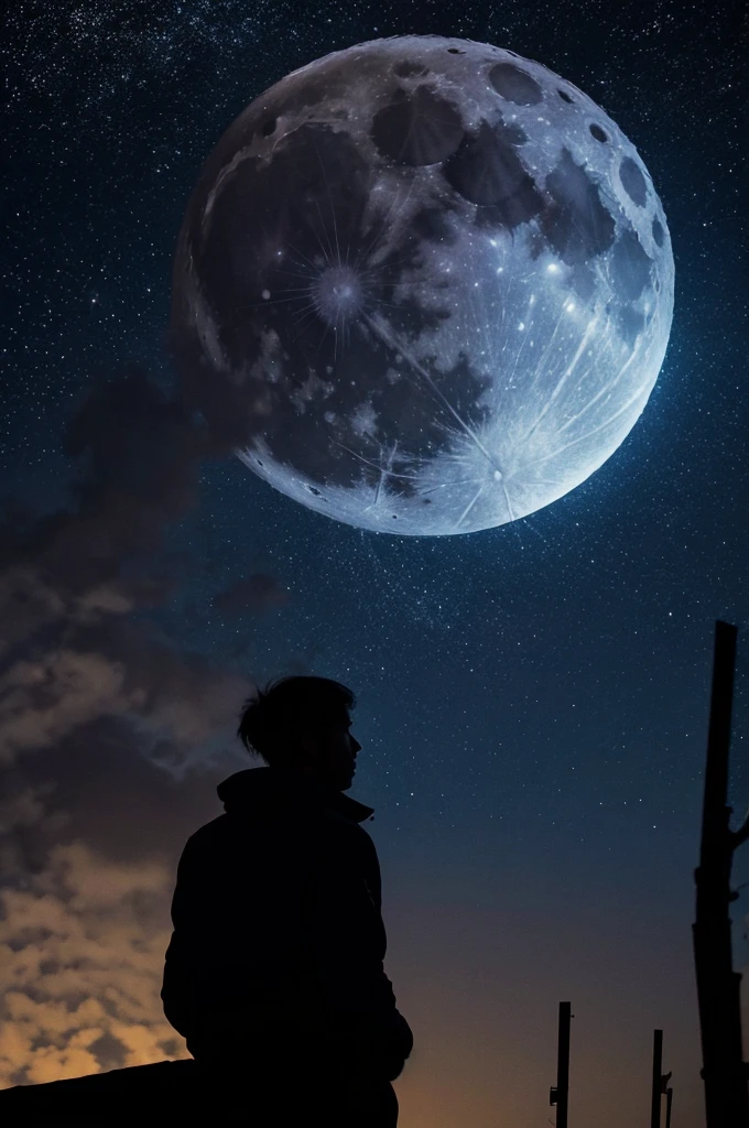 highest quality,big moon and shadow,A silhouette of a person can be seen against the background of the big moon.,There is one full moon,There is a mood,beautiful scenery,starry sky
