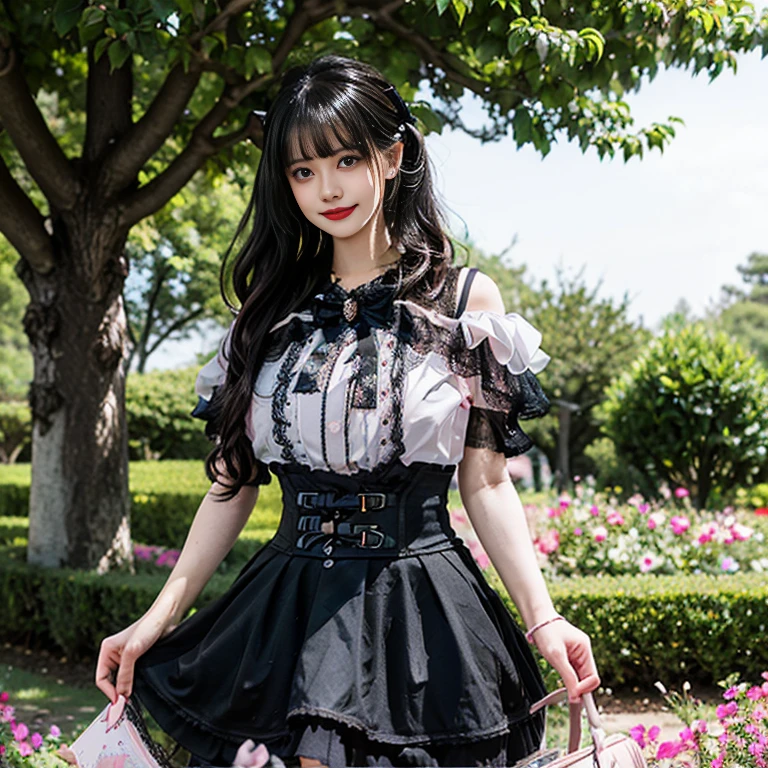 best quality, delicate face,blush, 1 girl, black hair, Long curly hair, blunt bangs, Smile, pink skirt, pink ta dress, layered skirt, Lolityle long skirt,21 years old female,穿着pink lolita d(dreamy atmosphere:1.1)、Masterpiece、born、Scenes resembling fairy tale illustrations、huge breasts,hands on hips,Wide cuffs cover hands,whole body,in the garden,The background is the garden,Detailed background,Garden of dreams,background many flowers