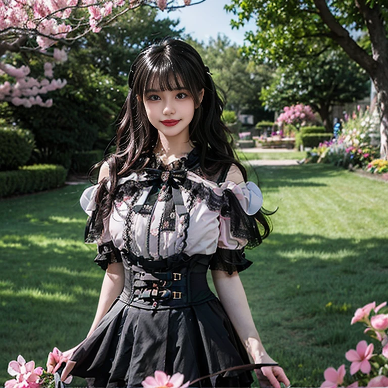 best quality, delicate face,blush, 1 girl, black hair, Long curly hair, blunt bangs, Smile, pink skirt, pink lolita dress, layered skirt, Lolita style long skirt,21 years old female,穿着pink lolita dress(dreamy atmosphere:1.1)、Masterpiece、born、Scenes resembling fairy tale illustrations、huge breasts,hands on hips,Wide cuffs cover hands,whole body,in the garden,The background is the garden,Detailed background,Garden of dreams,background many flowers