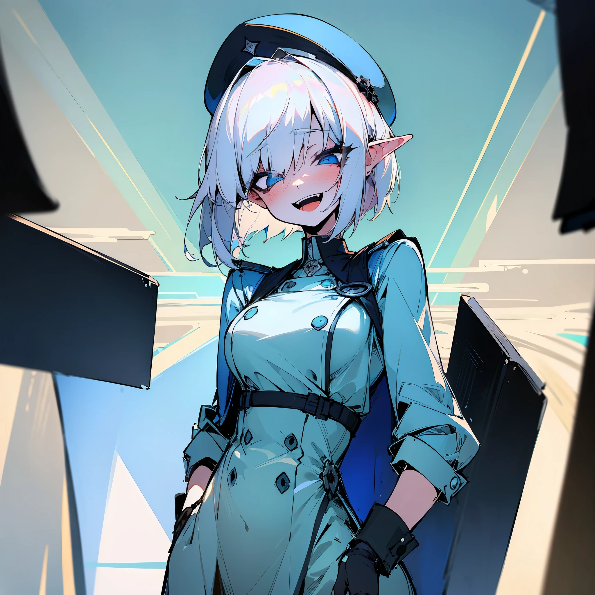 (Masterpiece, Top Quality, Best Quality, Official Art, Beauty and Aesthetics: 1.2), (Flat Color: 1.3), Very Detailed, Detailed Face and Eyes, Cinematic Light, SFW, Anime, Depth of Field, 1 Girl, Solo, Official, White Hair, Elf Ears, Short Hair, Blue Eyes, Black Eye Shadow, Medium Tits, White Beret, White Trenchcoat, Military, SS Officer, Buttoned Up, Sadistic Smile, Open Mouth, Bratty, Hair Covering One Eye