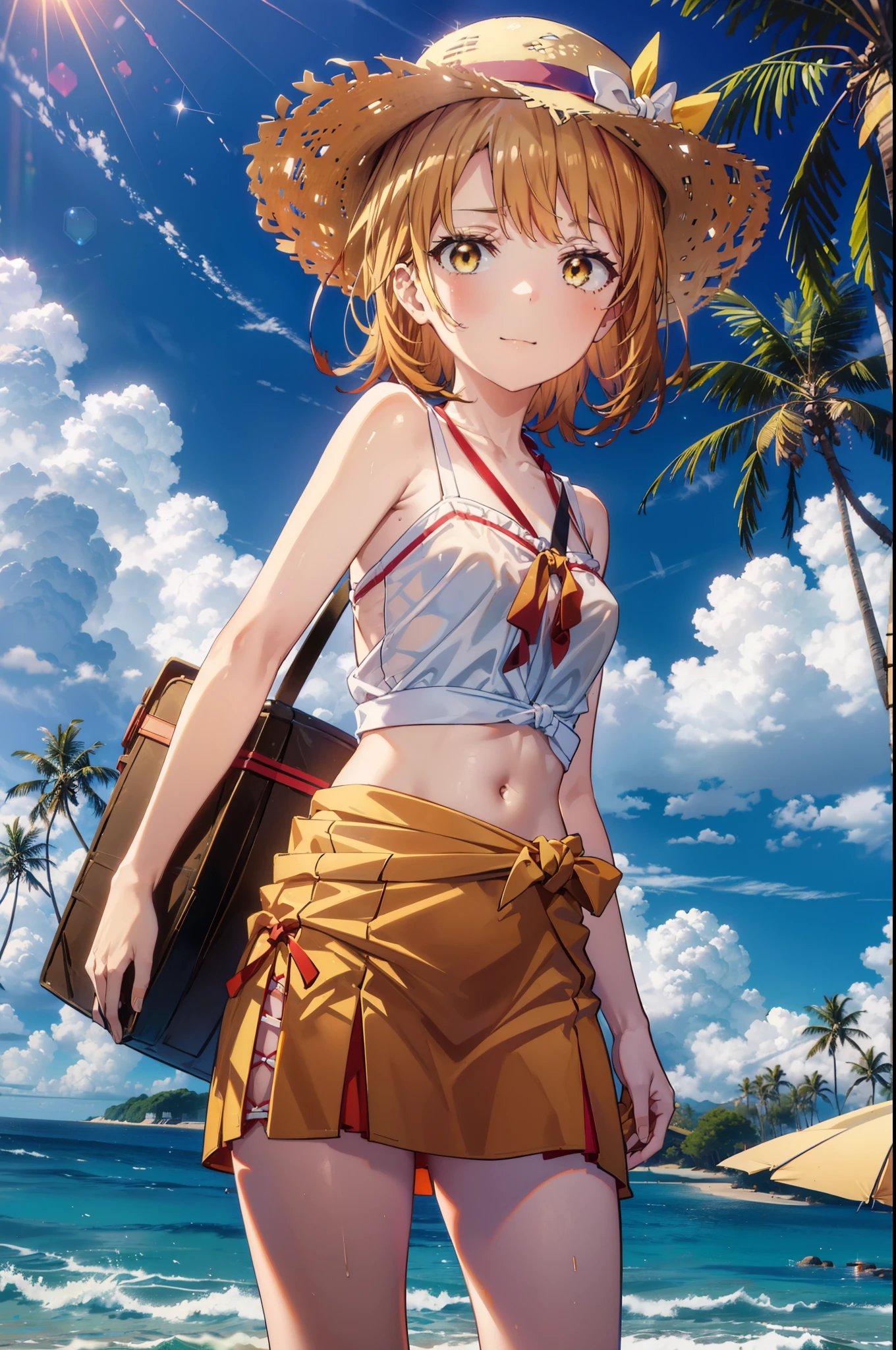 irohaisshiki, iroha isshiki, long hair, brown hair, (brown eyes:1.5), medium chest,happy smile, smile, open your mouth,smile,big straw hat,yellow bikini swimsuit,naked belly,A thin, long yellow blanket is wrapped around his waist., barefoot,barefoot, beach outfit,real summer,Palm tree, 砂浜
break outdoors, beach,
break looking at viewer,
break (masterpiece:1.2), highest quality, High resolution, unity 8k wallpaper, (figure:0.8), (detailed and beautiful eyes:1.6), highly detailed face, perfect lighting, Very detailed CG, (perfect hands, perfect anatomy),