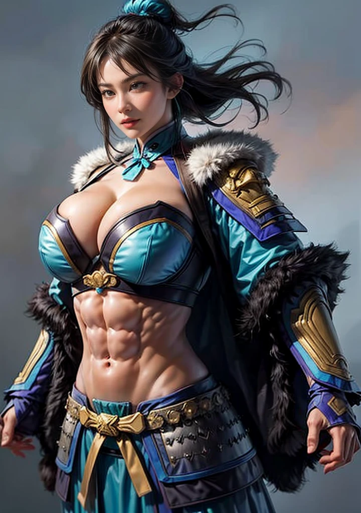 1 girl,upper body,lightcyan chinese armor,(((gigantic breasts,abs))),((shaggy cut))