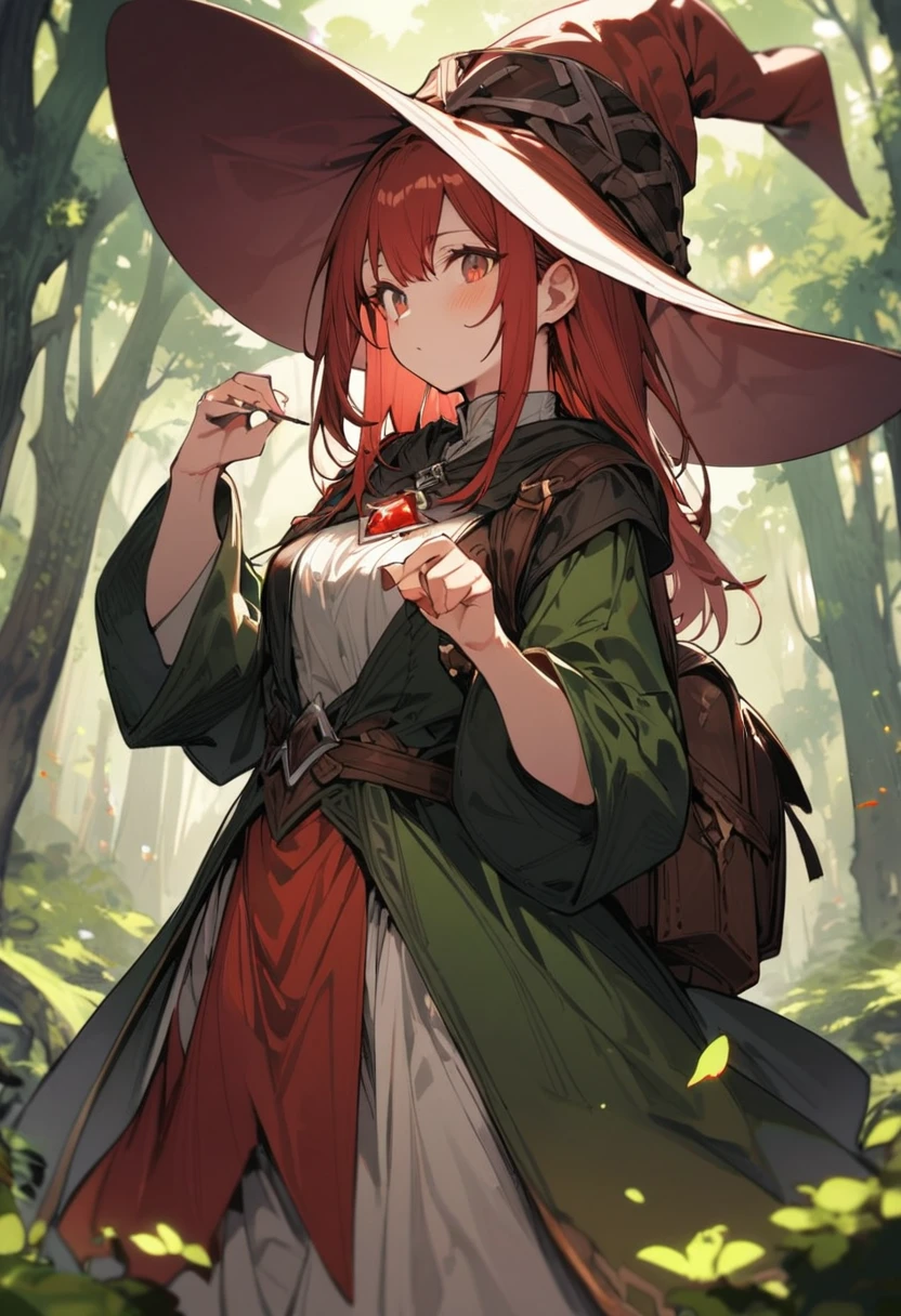 girl, solo, D&D character, red hair, standing dungeons and dragons wizard clothes, Wizard hat, Big backpack, big books, wand in the right hand, spell book in left hand Forest, best quality, masterpiece, very aesthetic, perfect composition, intricate details, ultra-detailed