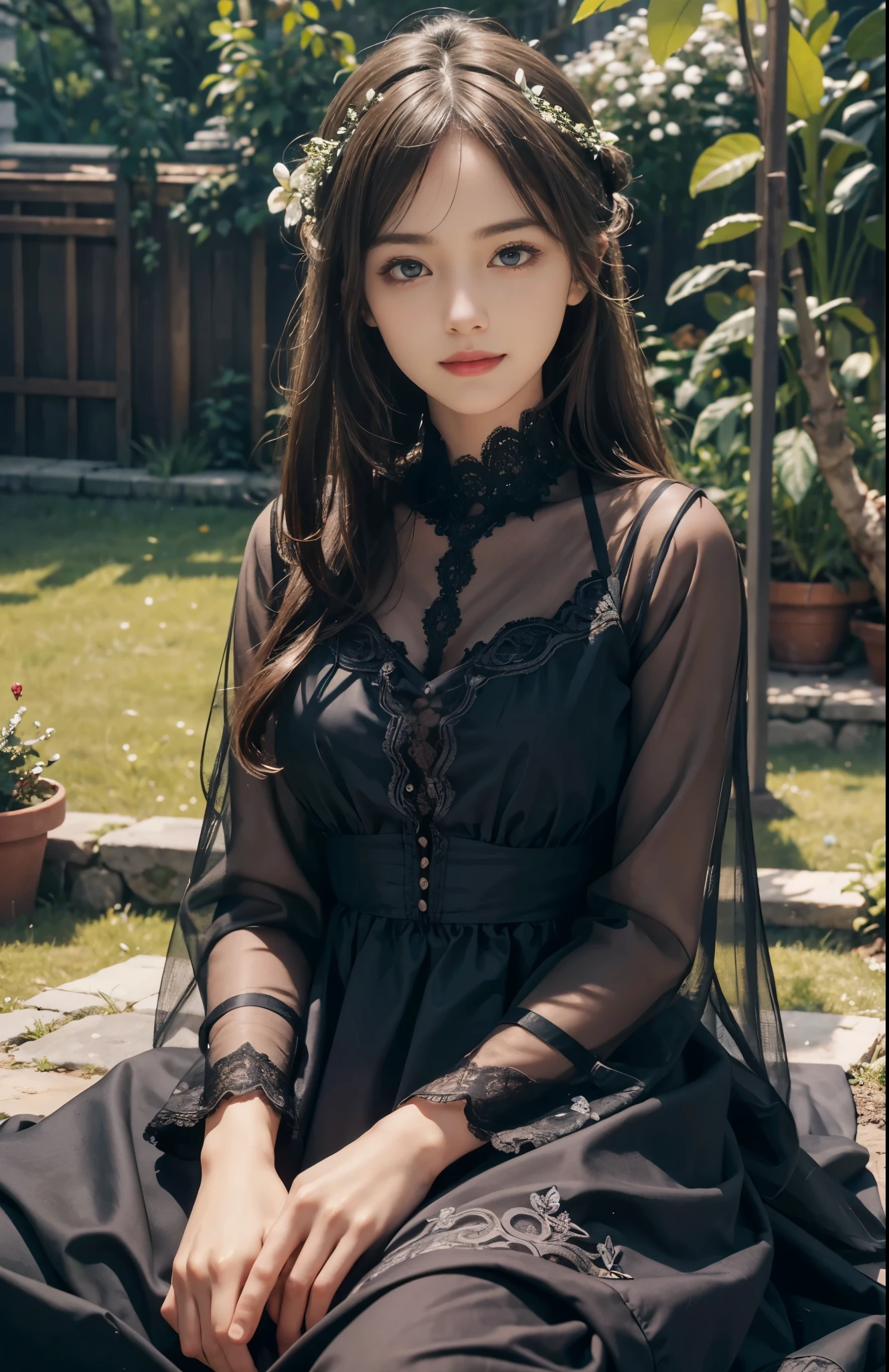 (ultra realistic) , (illustration), (increase resolution), (8K), (extremely detailed), (best illustration), (beautiful detailed eyes), (best quality), (ultra-detailed), (masterpiece), (wallpaper), (detailed face), solo,1 girl, looking at viewers, delicate details, detailed faces, in the dark, deep shadow, low key,pureerosfaceace_v1, happy smile, dark summer dress, full body, sitting on the ground, garden