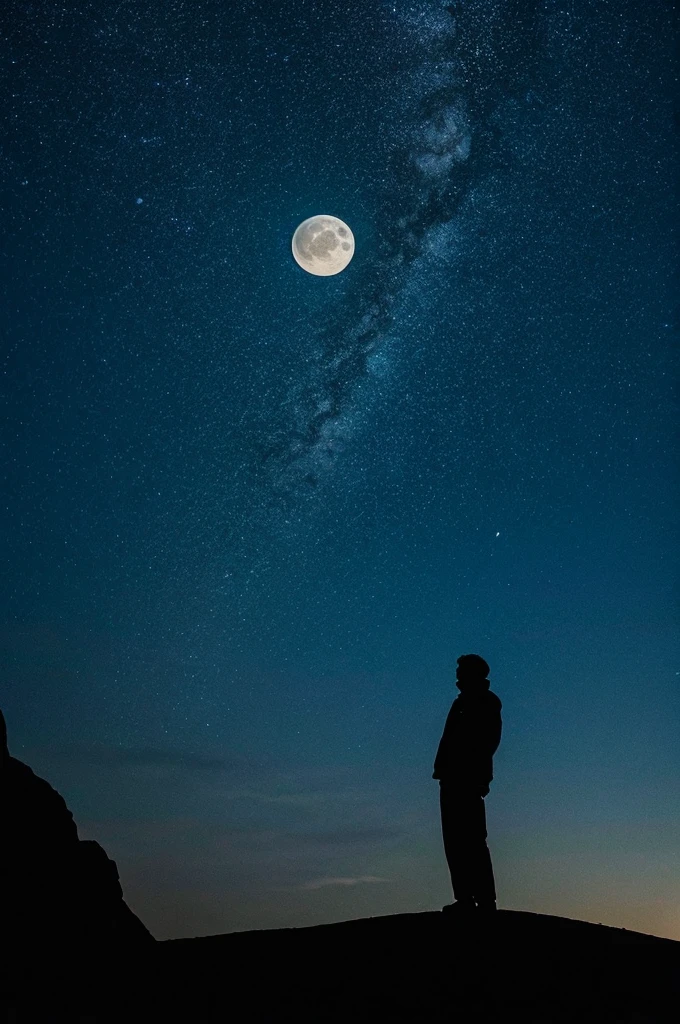highest quality,big moon and shadow,A silhouette of a person can be seen against the background of the big moon.,There is one full moon,There is a mood,beautiful scenery,starry sky