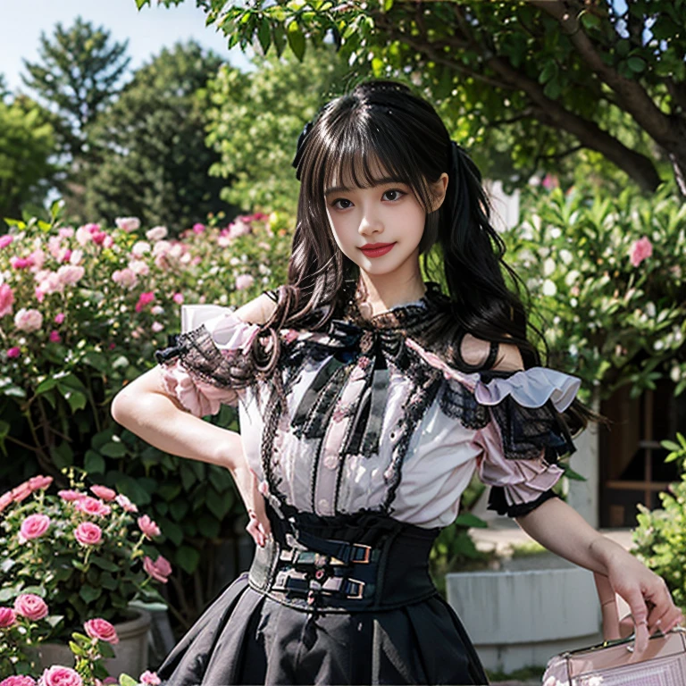 best quality, delicate face,blush, 1 girl, black hair, Long curly hair, blunt bangs, Smile, pink skirt, pink lolita dress, layered skirt, Lolita style long skirt,21 years old female,穿着pink lolita dress(dreamy atmosphere:1.1)、Masterpiece、born、Scenes resembling fairy tale illustrations、huge breasts,hands on hips,Wide cuffs cover hands,whole body,in the garden,The background is the garden,Detailed background,Garden of dreams,background many flowers