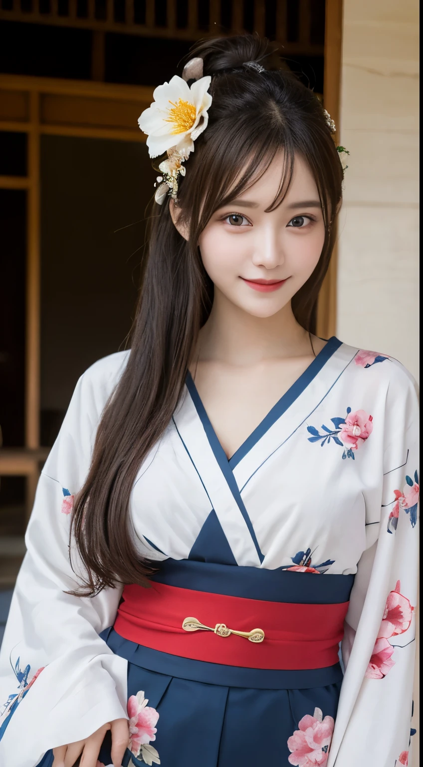 Full body front, highest quality, figure, Super detailed, finely, High resolution, 8k wallpaper, 完璧なダイナミックな構figure, detailed and beautiful eyes, floral kimono,bun hair, flower hair ornament，natural color lip, random sexy poses,smile,shrine，