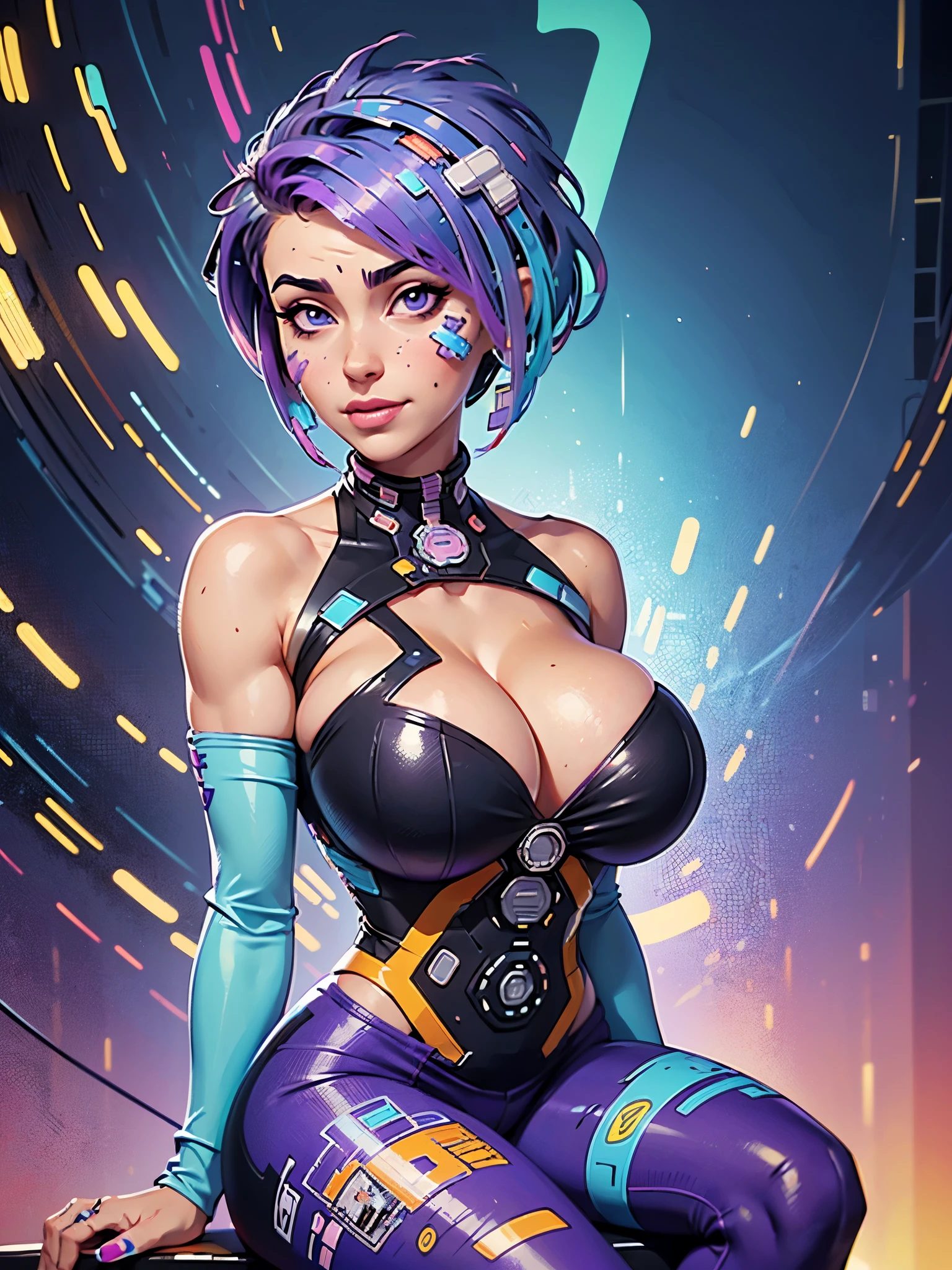 (fractal art), (bright colors), splashes of color background, colors mashing, paint splatter, complimentary colors, neon, (thunder tiger), compassionate, electric, limited palette, one girl, solo, bust, (fit, muscular:1.2), slender body, black eyes, beautiful eyes, (purple hair:1.2), (pixie cut, shaved haircut, very short haircut, shaved temples:1.2), (netrunner clothes, big breasts, huge breasts, giant breasts, cleavage:1.4), masterpiece, highly detailed, look at viewer, happy face, (bare shoulders:1.2), (sitting:1.2)