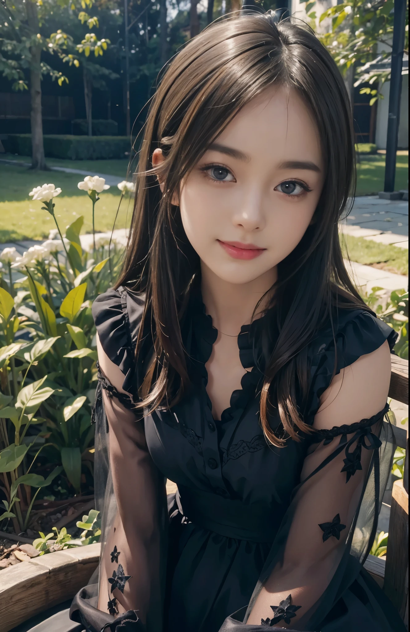 (ultra realistic) , (illustration), (increase resolution), (8K), (extremely detailed), (best illustration), (beautiful detailed eyes), (best quality), (ultra-detailed), (masterpiece),  (wallpaper), (detailed face), solo,1 girl, looking at viewers,  delicate details, detailed faces, in the dark, deep shadow, low key,pureerosfaceace_v1, happy smile, dark summer dress, full body, sitting on the ground, garden