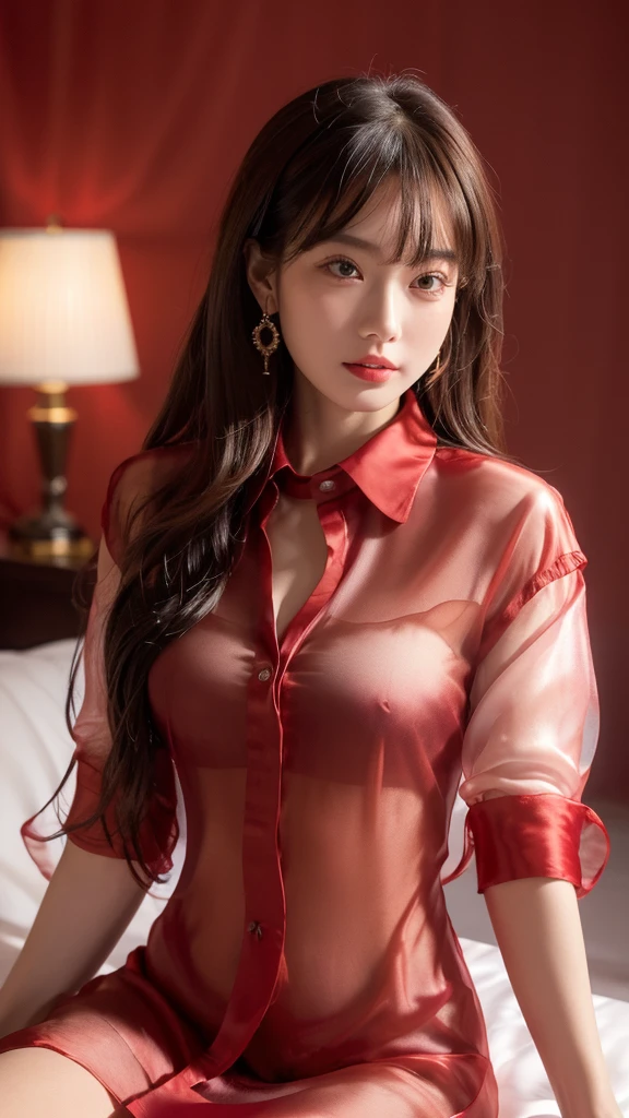 (RAW Photo, Best Quality), (Realistic, Photo Realistic: 1.3), Best Quality, Highly Detailed, Masterpiece, Ultra Detailed, 1 Girl, (cowboy shot), Dynamic Angle, Extremely Detailed CG Unified 8k Wallpaper, Amazing, Dynamic Angle, World Mastery Theater, messy_long_hair, Best Quality, detailed eyes、Extremely Detailed CG Unified 8k Wallpaper, Amazing Movie Lights, lens_flare, Detailed Face, sharp facial contours、Beautiful Rendering of Tang Dynasty, (Deliberate expression:1.5), Fireflies, sony master shot, brown hair and bangs, hi-res screenshot, normal hands, vivid colors, full face shot of limur tempest, nice studio lighting, beautiful fine face, (He is wearing only a completely transparent crimson silk dress shirt.:1.6)、(nipple:1.2)、(The shirt is completely unbuttoned.:2.0)、(No underwear:1.4)、Emphasize the cleavage、Detailed and realistic skin texture:1.2、(Kneeing pose on the bed)、A hotel room、(arms up)、Smile、small earrings