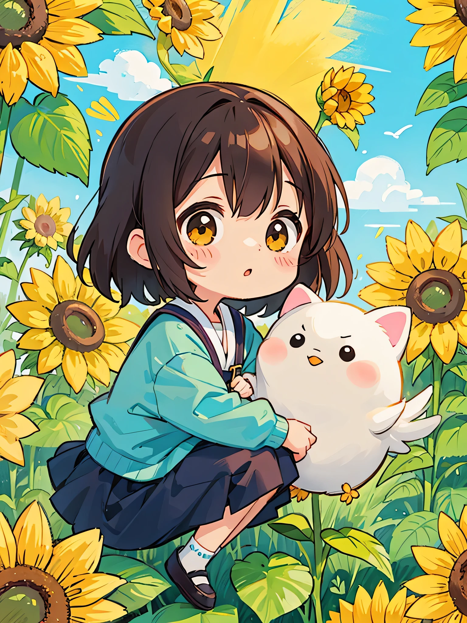 Machiko Satonaka style, Kawaii Design, most beautiful girl ever、Chibi, kind eyes、birdie、sunflower、sun
