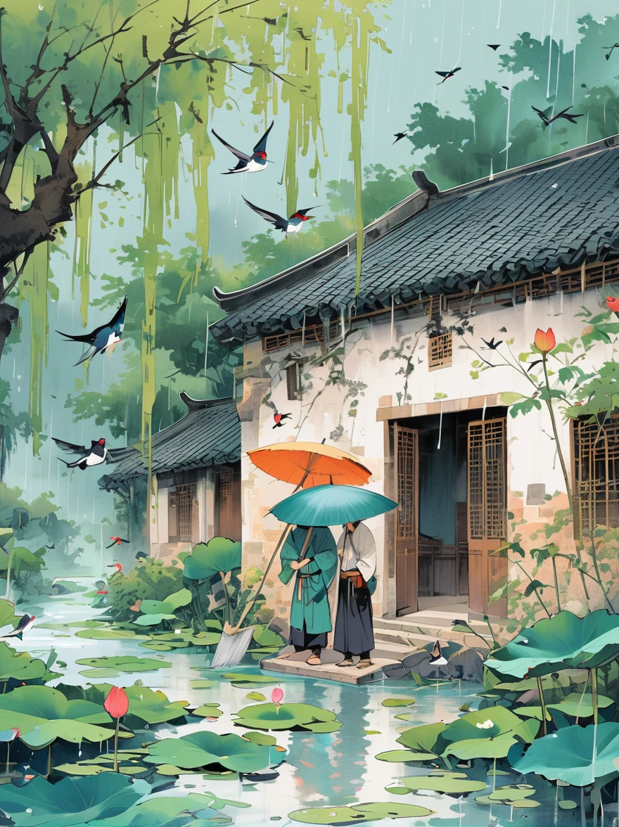 ink style, There is a stream in front of the tile house, two people carrying hoes, willow trees, swallows, rain, frogs on lotus leaves, ink wind