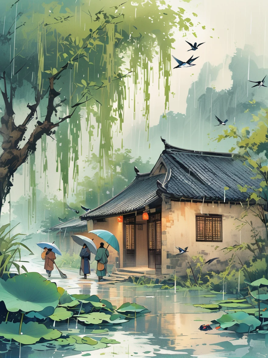ink style, There is a stream in front of the tile house, two people carrying hoes, willow trees, swallows, rain, frogs on lotus leaves, ink wind