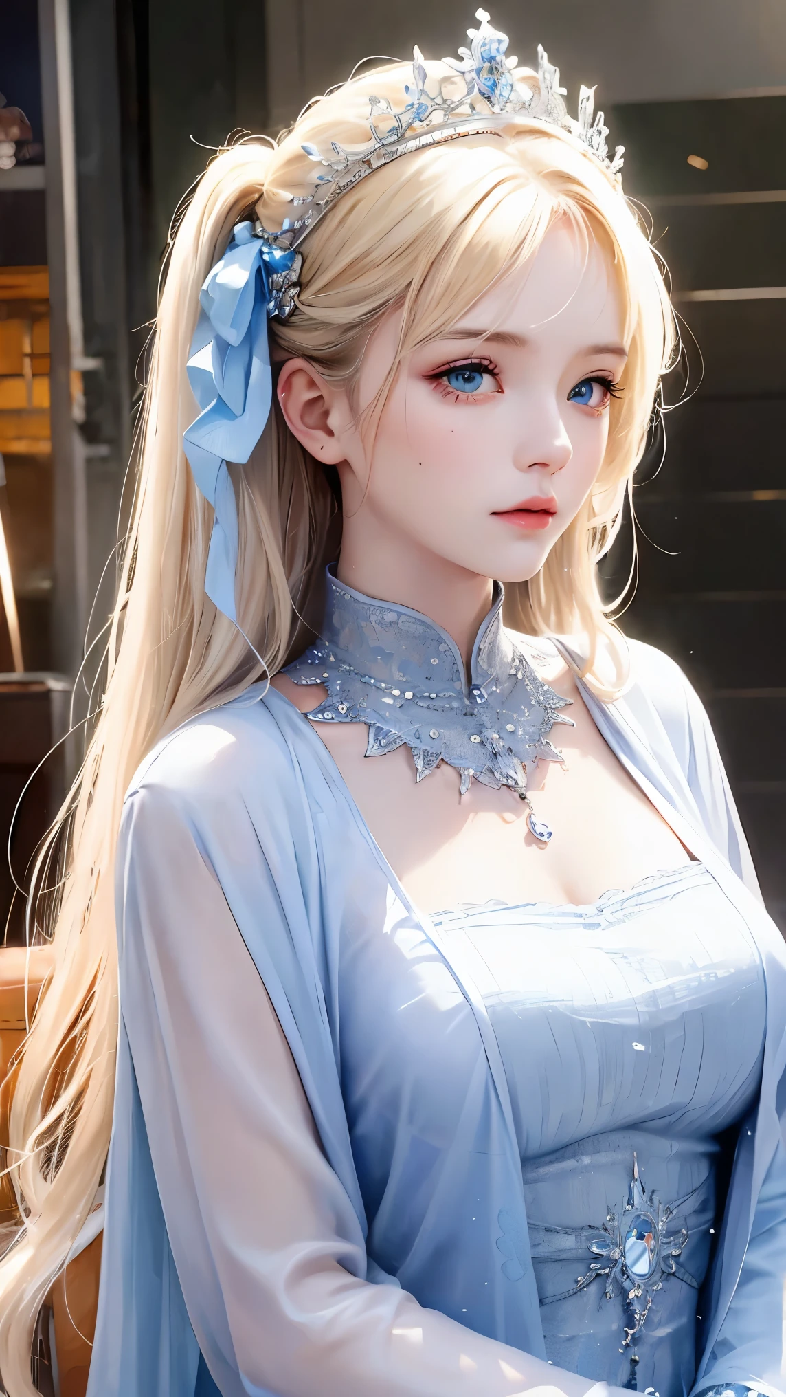 (RAW shooting:1.2)、(realistic:1.4)、(masterpiece:1.3)、(highest quality:1.4)、bright look、very beautiful girl、extraordinary beautiful girl、cute and beautiful face details、beautiful bangs、Brilliant white skin、facial hair、Bangs that extend to the face、bangs between eyes、super long hair、Charming light and dark platinum blonde super long straight silky hair、thin hair、Charming and shining beautiful bright and clear light blue big eyes、luxurious dress、tiara、double eyelid、rich bust、Upper body、ancient capital