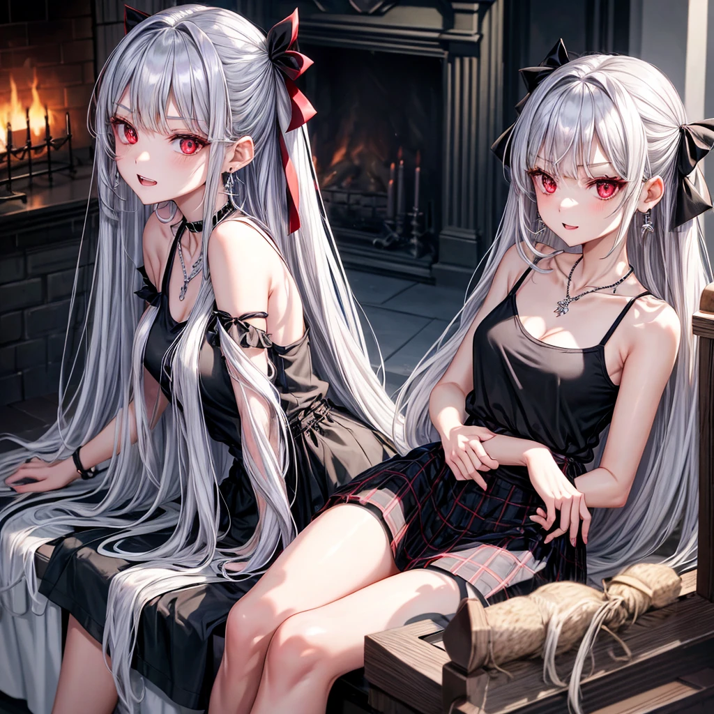 silver hair、red eyes、one good looking girl、solo、anime、plaid mini skirt、black camisole、black t-shirt、dress、wearing a ribbon、ribbon at waist、crystal earrings、jewelry necklace、Light and shadow、tilting one&#39;s face、teeth are visible、pillar、skylight、fireplace、evil looking face