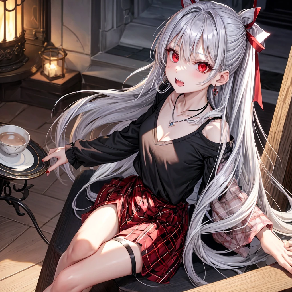 silver hair、red eyes、one good looking girl、solo、anime、plaid mini skirt、black camisole、black t-shirt、dress、wearing a ribbon、ribbon at waist、crystal earrings、jewelry necklace、Light and shadow、tilting one's face、teeth are visible、pillar、skylight、fireplace、evil looking face