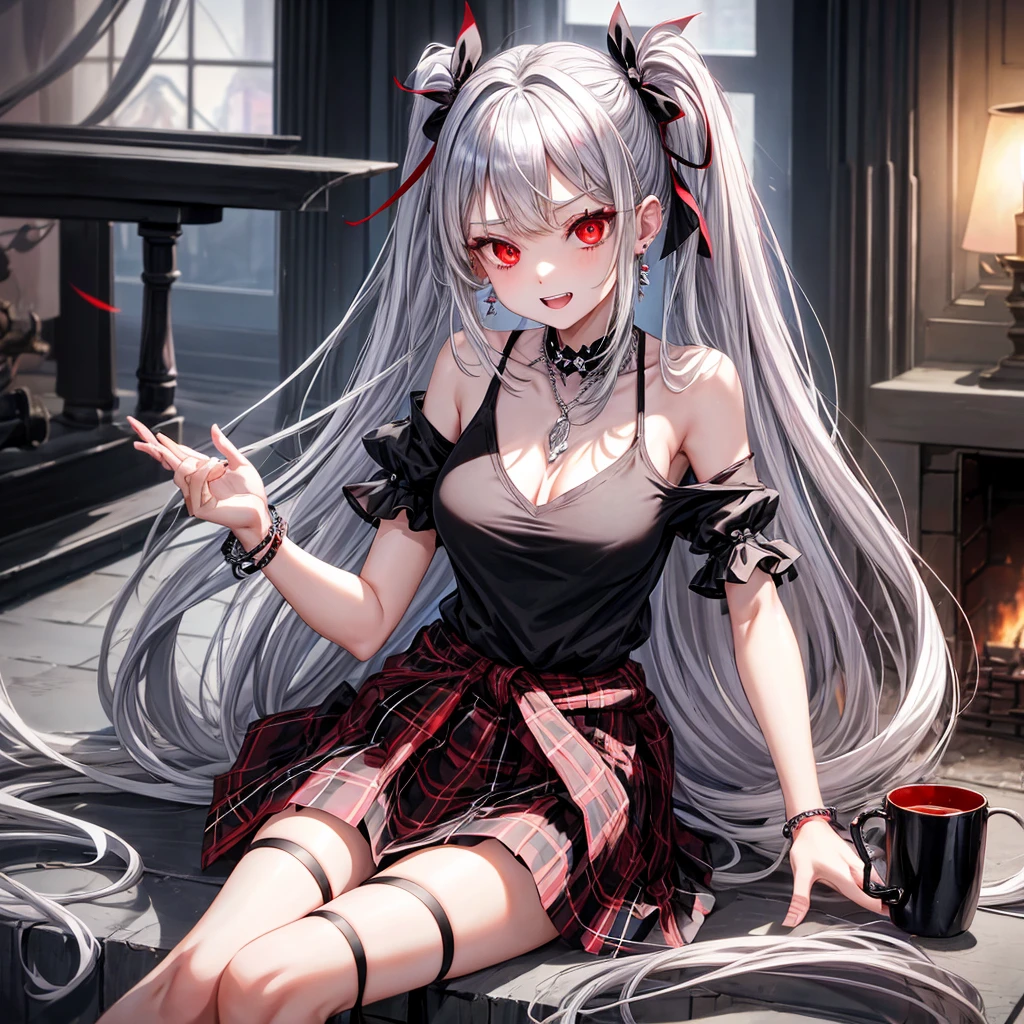 silver hair、red eyes、one good looking girl、solo、anime、plaid mini skirt、black camisole、black t-shirt、dress、wearing a ribbon、ribbon at waist、crystal earrings、jewelry necklace、Light and shadow、tilting one&#39;s face、teeth are visible、pillar、skylight、fireplace、evil looking face
