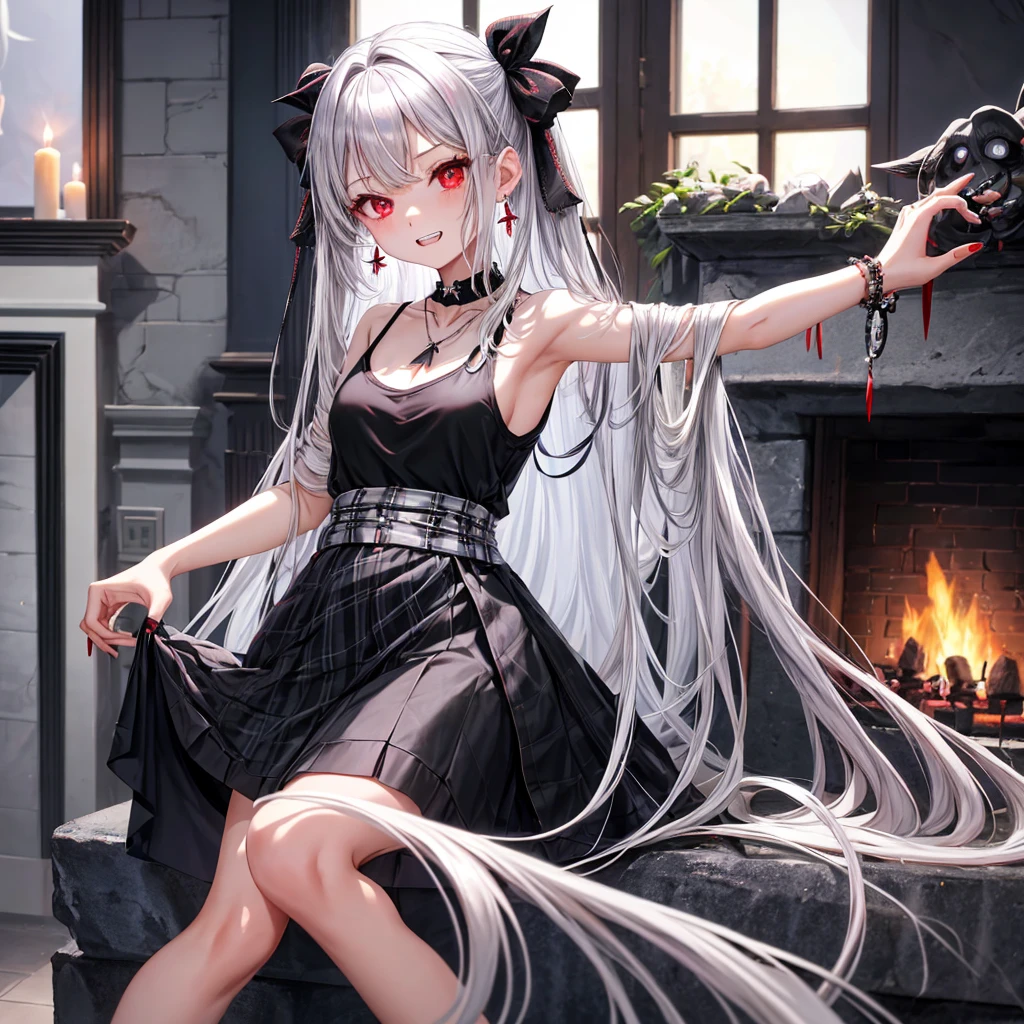silver hair、red eyes、one good looking girl、solo、anime、plaid mini skirt、black camisole、black t-shirt、dress、wearing a ribbon、ribbon at waist、crystal earrings、jewelry necklace、Light and shadow、tilting one's face、teeth are visible、pillar、skylight、fireplace、evil looking face